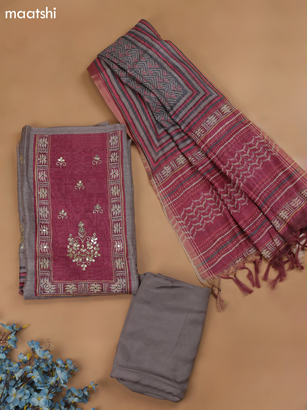 Grey Chanderi Dress Material With Pitta Work Neck Pattern and Bottom & Dupatta