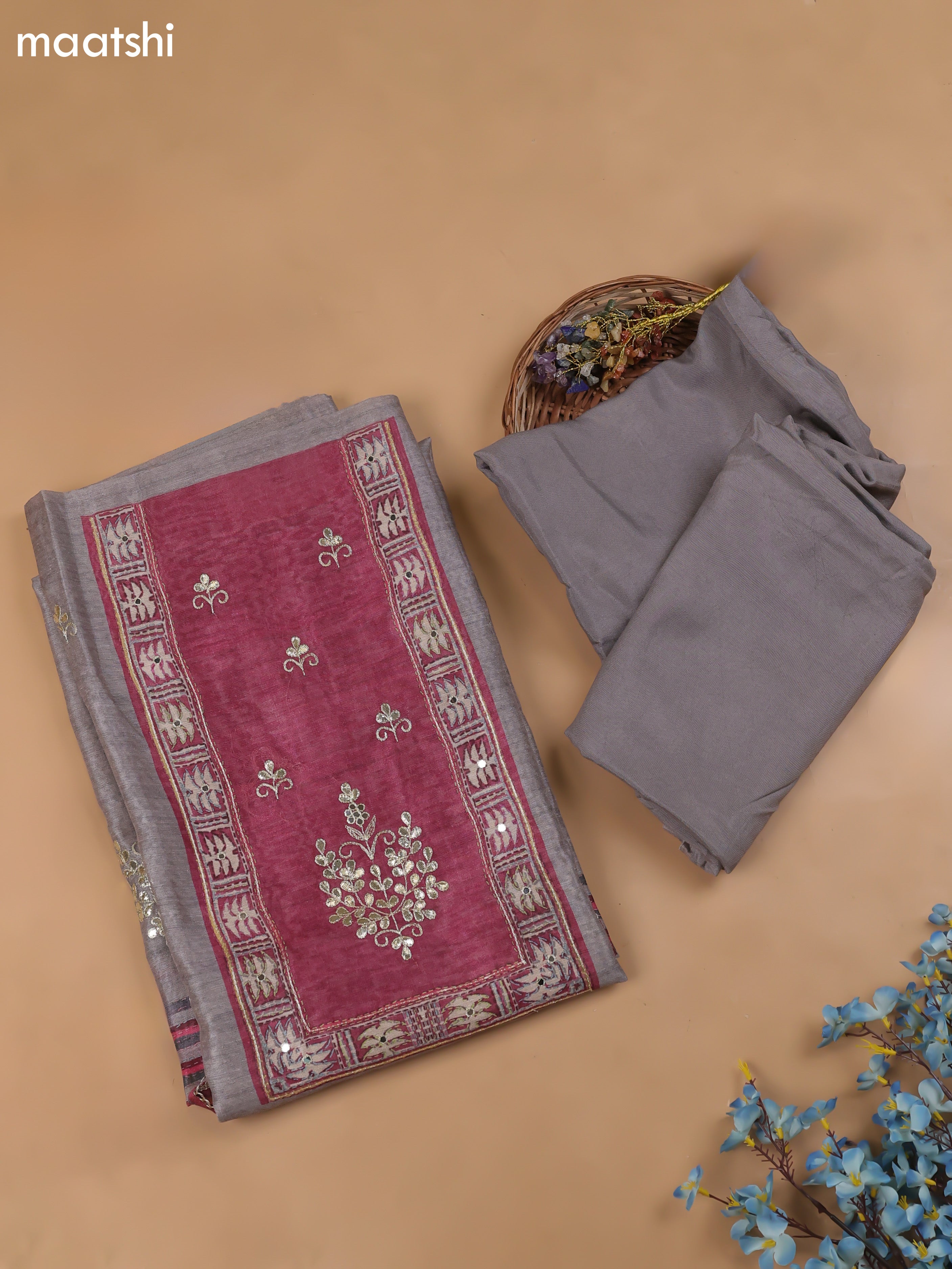 Grey Chanderi Dress Material With Pitta Work Neck Pattern and Bottom & Dupatta