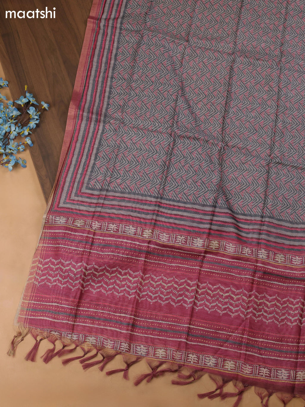 Grey Chanderi Dress Material With Pitta Work Neck Pattern and Bottom & Dupatta