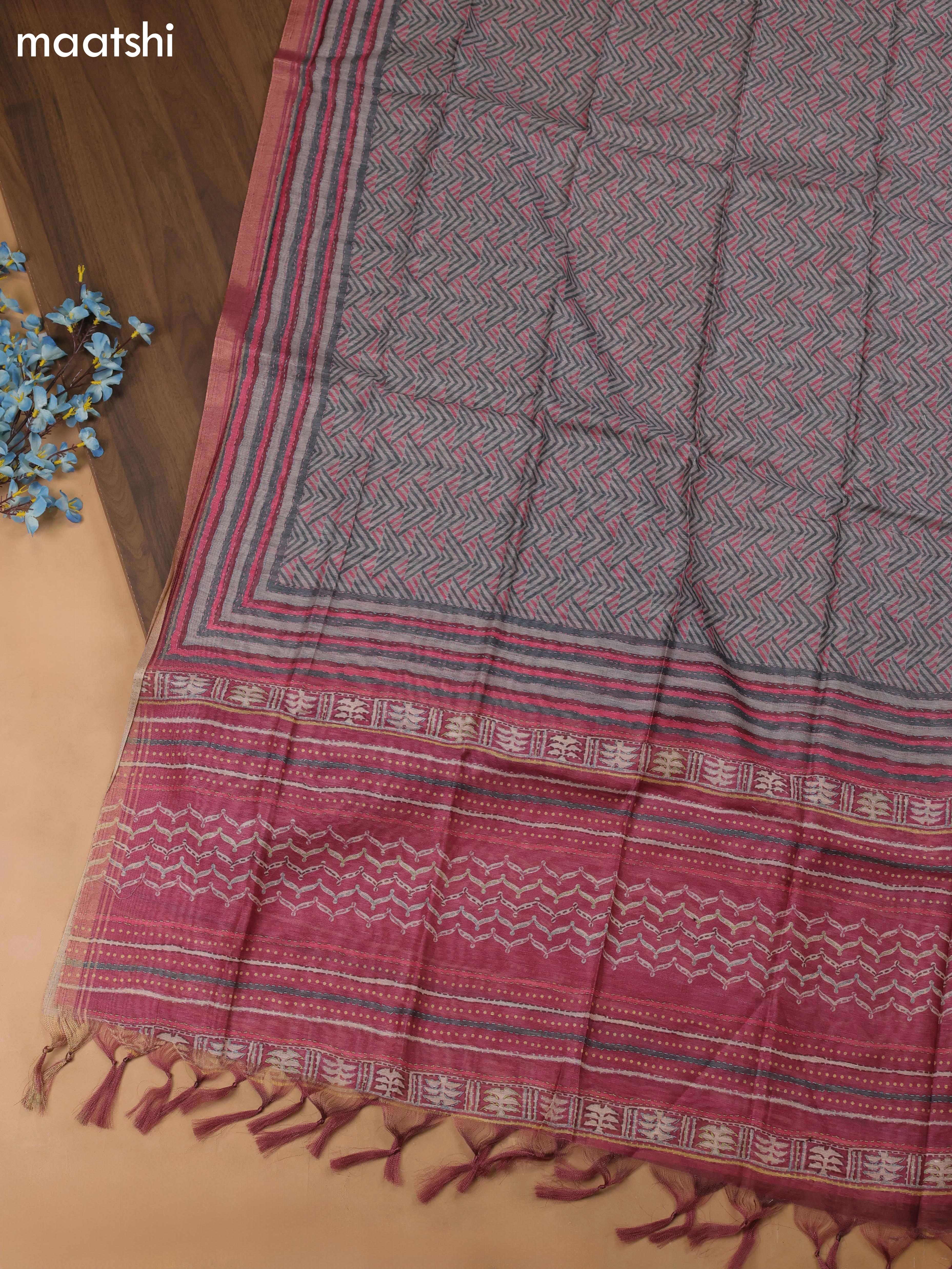 Grey Chanderi Dress Material With Pitta Work Neck Pattern and Bottom & Dupatta