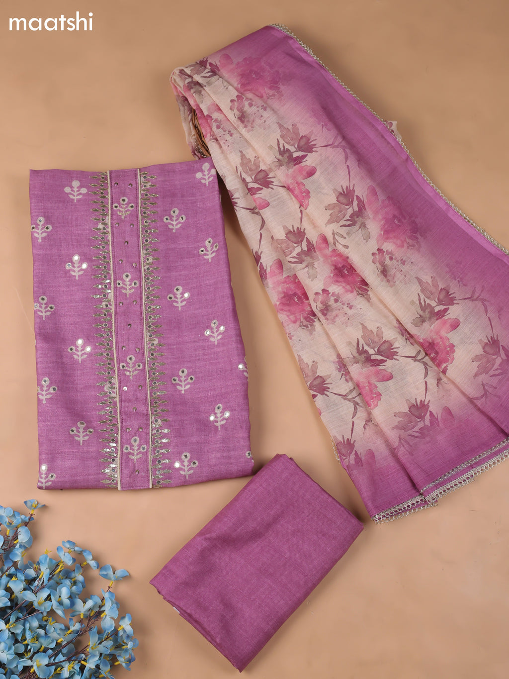 Lavender Chanderi Dress Material With Butta Prints & Gotta Patti Neck Pattern and Bottom & Dupatta