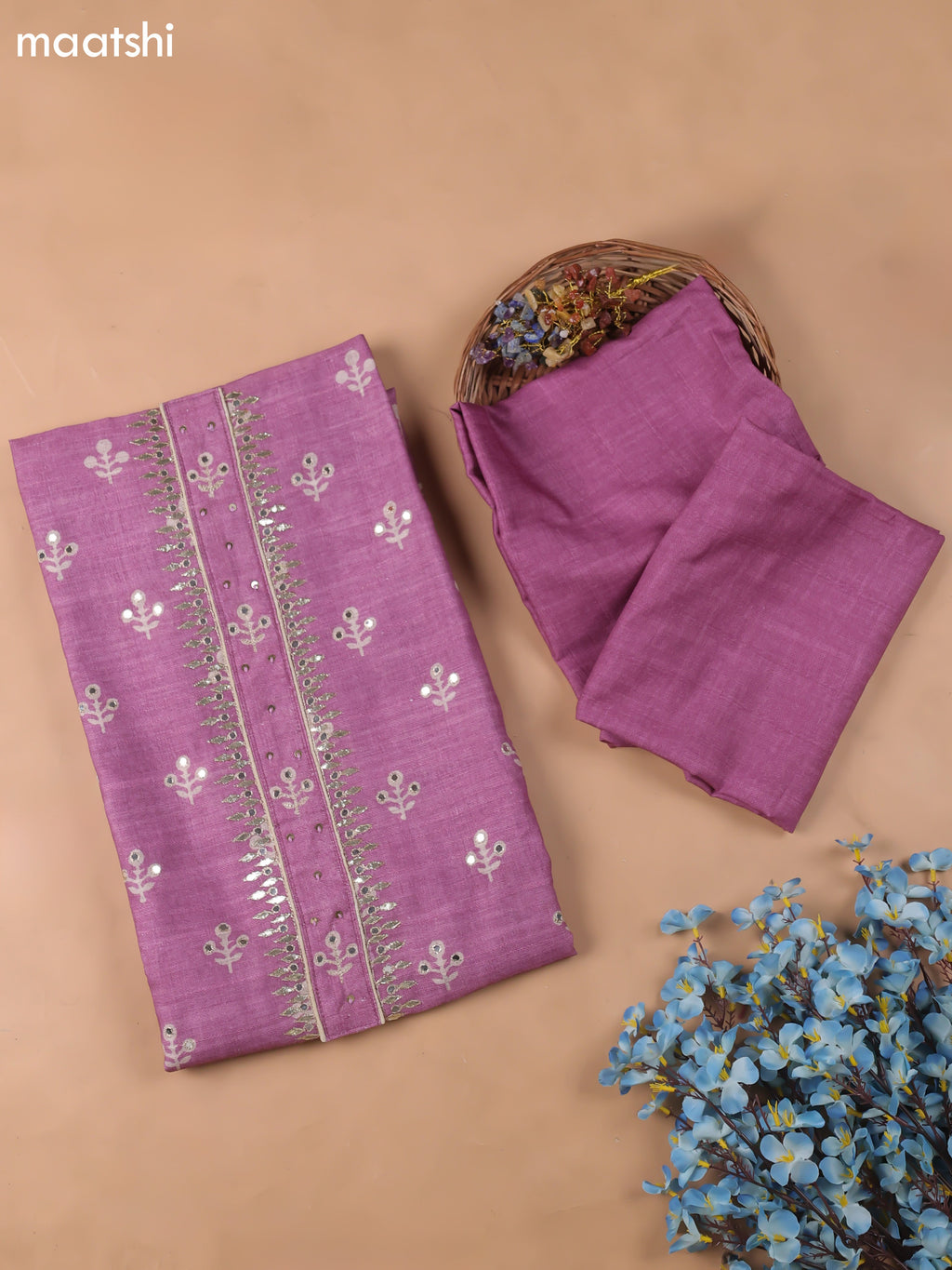 Lavender Chanderi Dress Material With Butta Prints & Gotta Patti Neck Pattern and Bottom & Dupatta