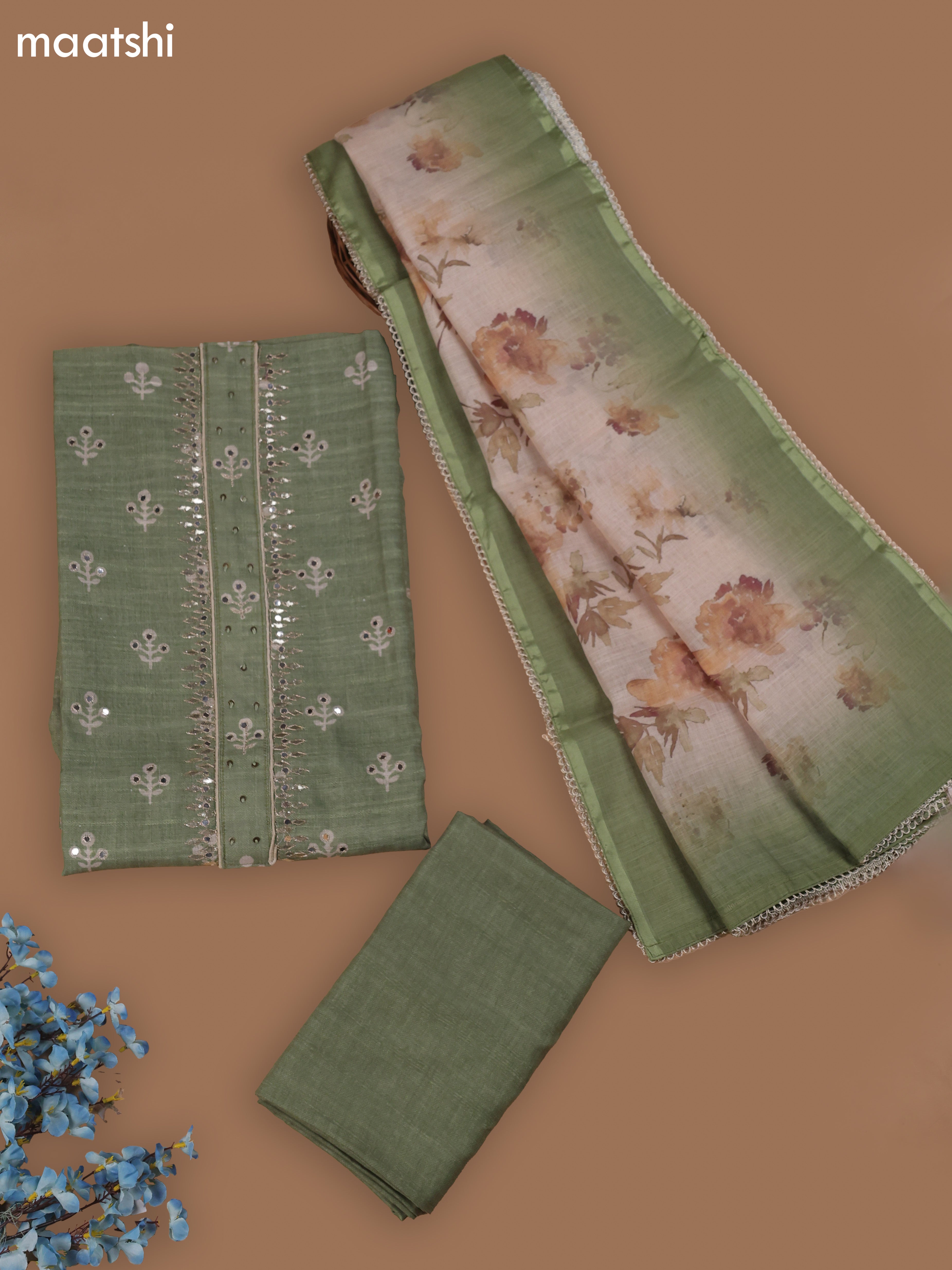 Green Chanderi Dress Material With Butta Prints & Gotta Patti Neck Pattern and Bottom & Dupatta