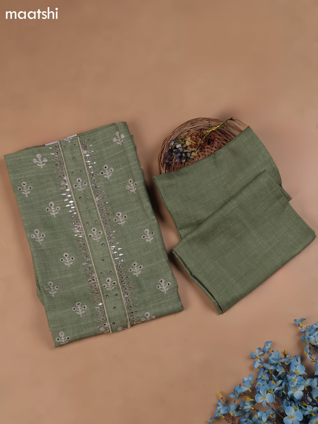 Green Chanderi Dress Material With Butta Prints & Gotta Patti Neck Pattern and Bottom & Dupatta