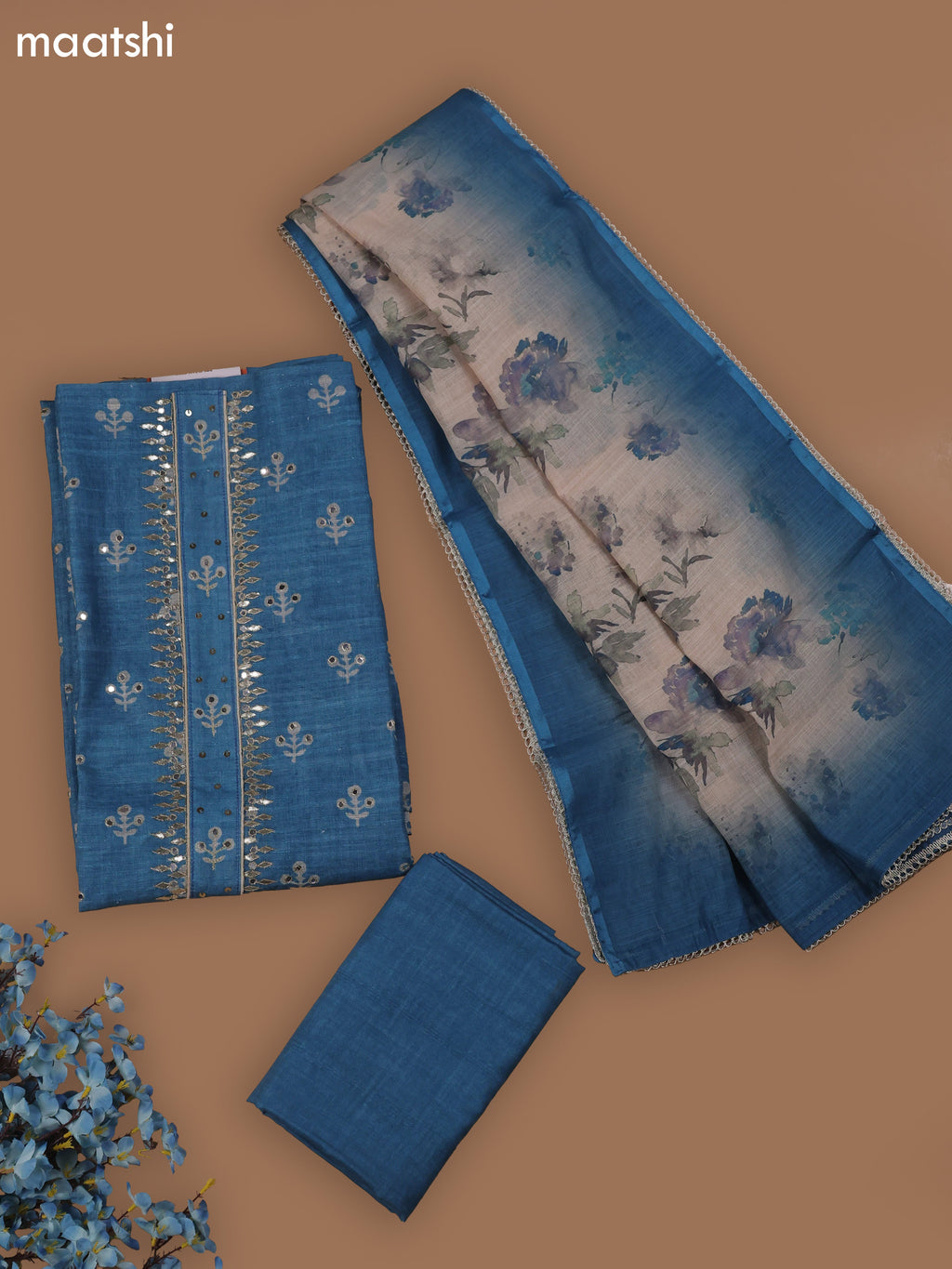 Blue Chanderi Dress Material With Butta Prints & Gotta Patti Neck Pattern and Bottom & Dupatta