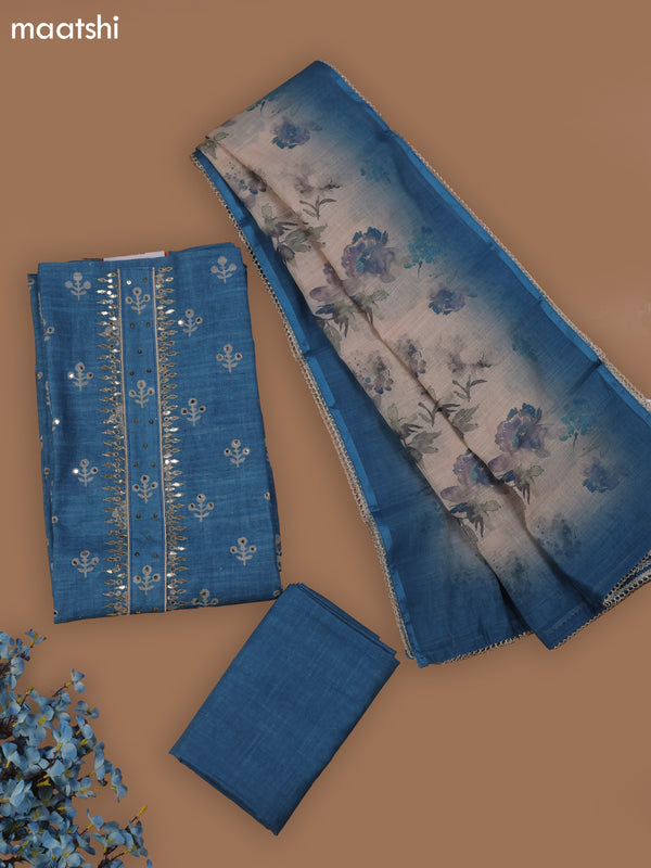 Blue Chanderi Dress Material With Butta Prints & Gotta Patti Neck Pattern and Bottom & Dupatta