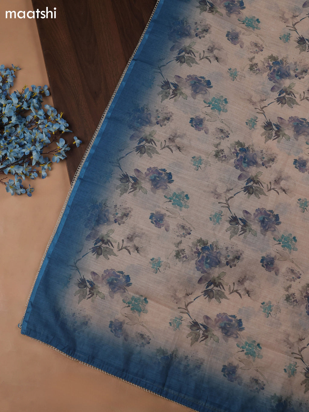 Blue Chanderi Dress Material With Butta Prints & Gotta Patti Neck Pattern and Bottom & Dupatta