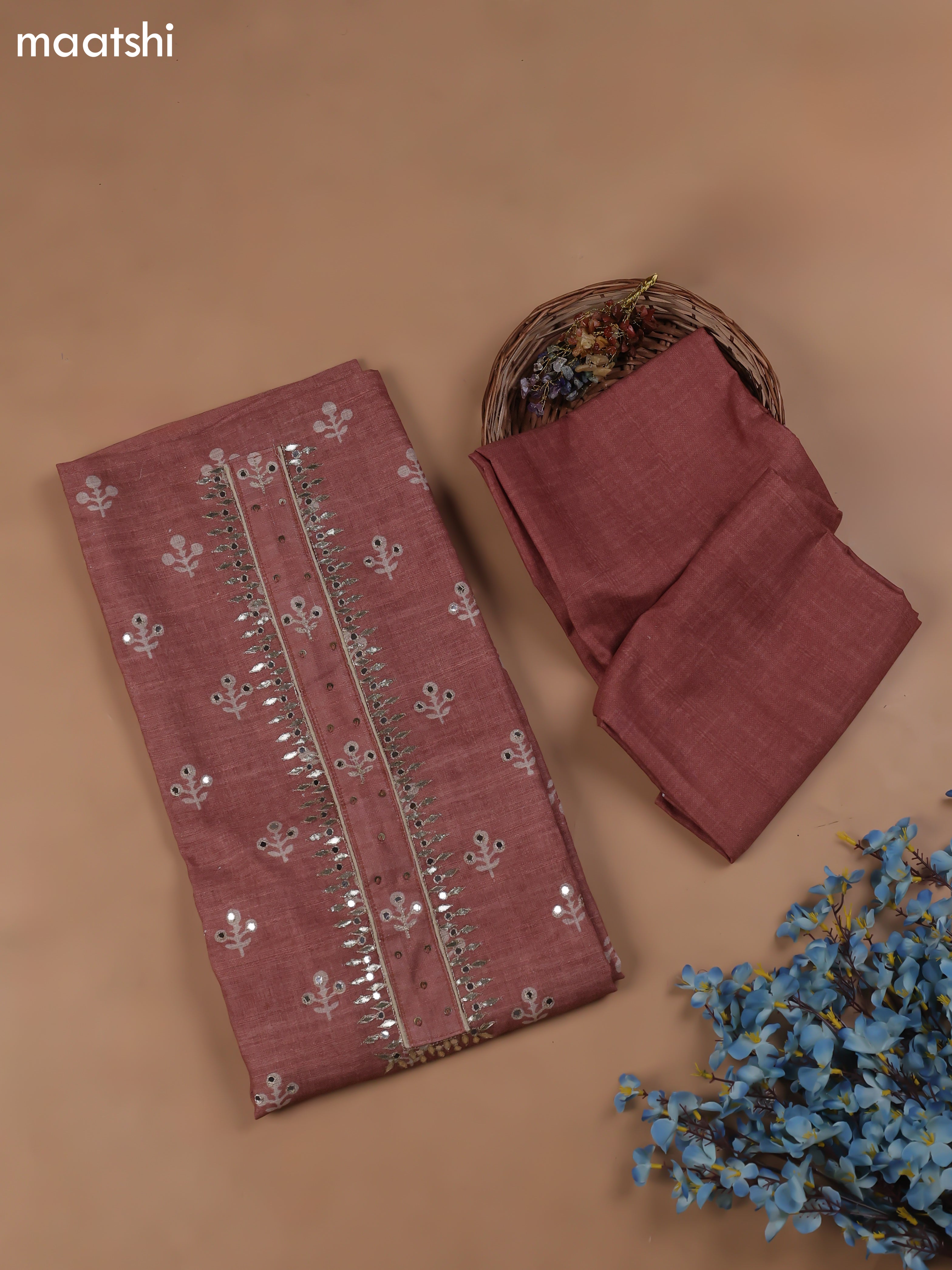 Brown Chanderi Dress Material With Butta Prints & Gotta Patti Neck Pattern and Bottom & Dupatta