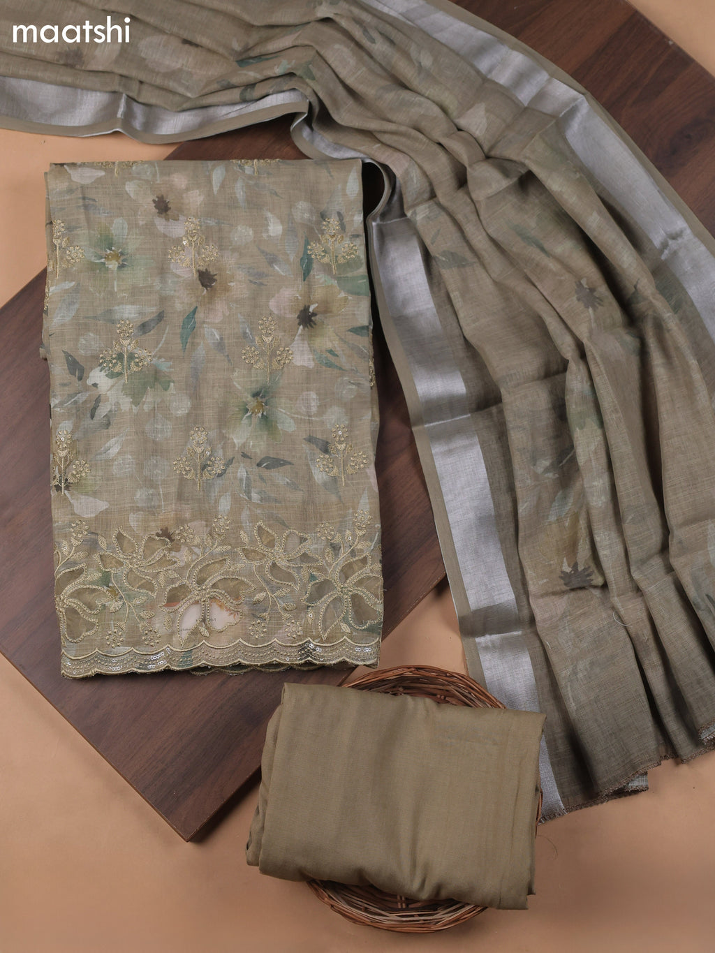 Green Linen Cotton Dress Material With Floral Prints & Embroidery Work and Bottom & Dupatta