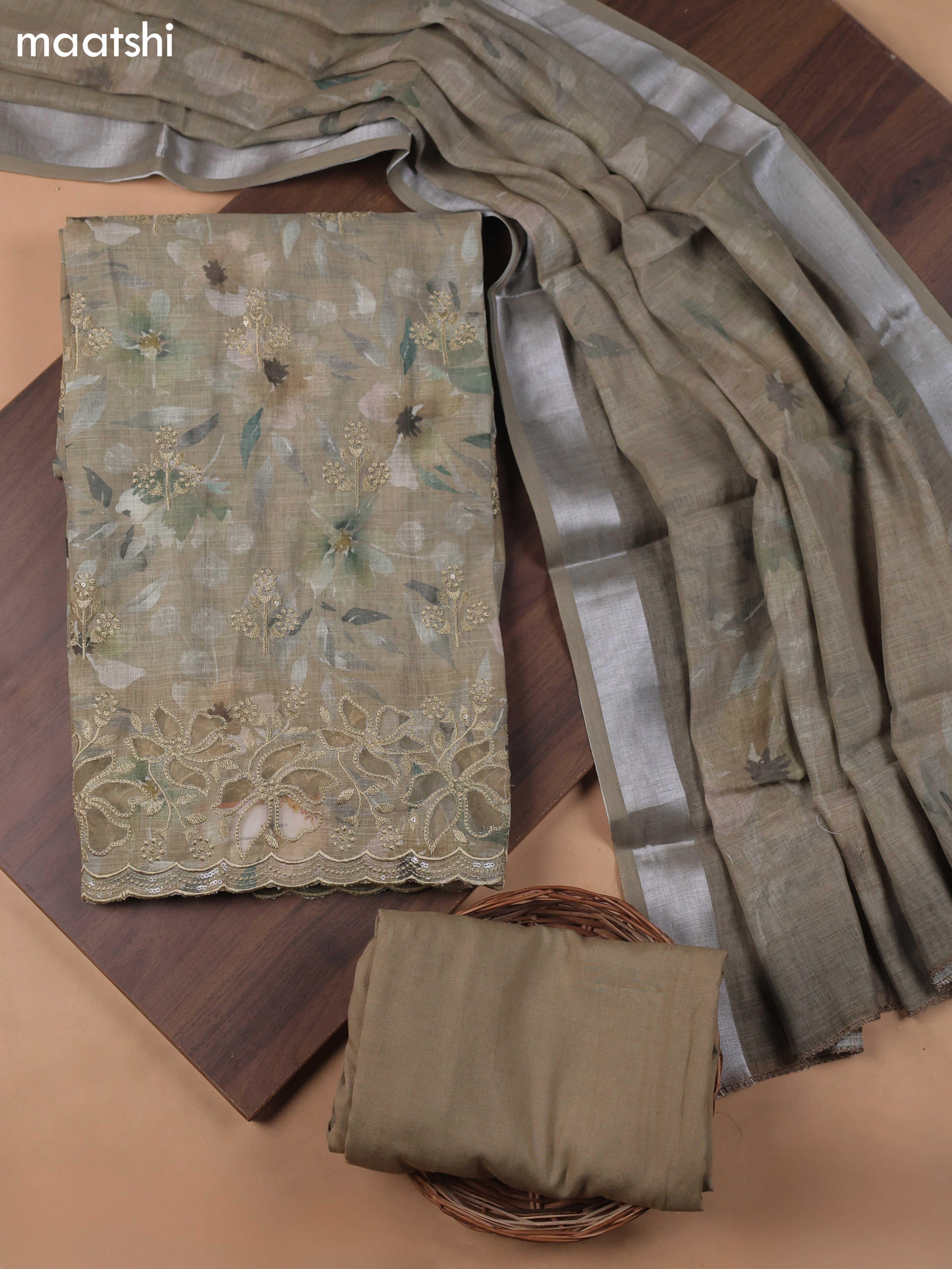 Green Linen Cotton Dress Material With Floral Prints & Embroidery Work and Bottom & Dupatta