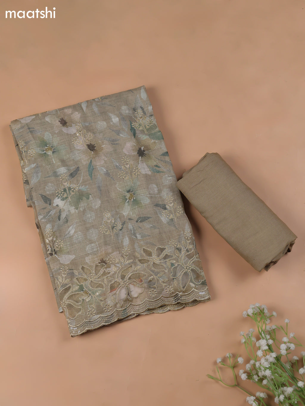 Green Linen Cotton Dress Material With Floral Prints & Embroidery Work and Bottom & Dupatta