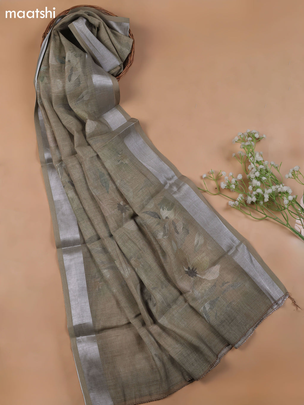 Green Linen Cotton Dress Material With Floral Prints & Embroidery Work and Bottom & Dupatta