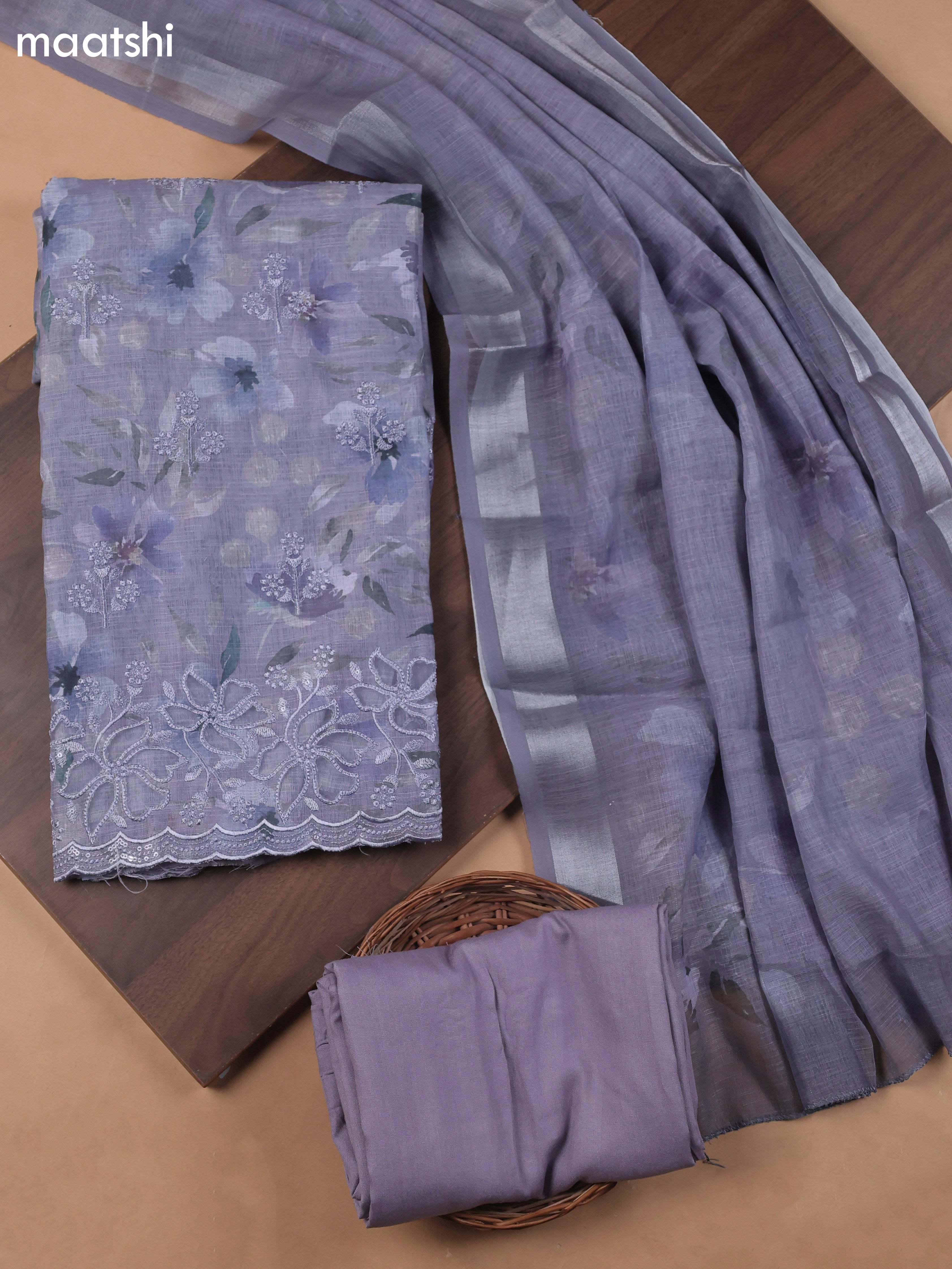 Blue Linen Cotton Dress Material With Floral Prints & Embroidery Work and Bottom & Dupatta