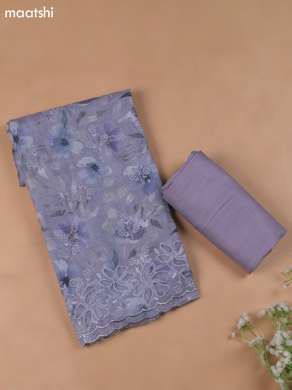 Blue Linen Cotton Dress Material With Floral Prints & Embroidery Work and Bottom & Dupatta