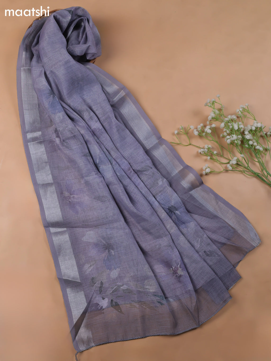 Blue Linen Cotton Dress Material With Floral Prints & Embroidery Work and Bottom & Dupatta