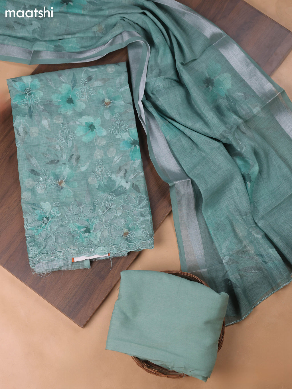 Teal Green Linen Cotton Dress Material With Floral Prints & Embroidery Work and Bottom & Dupatta