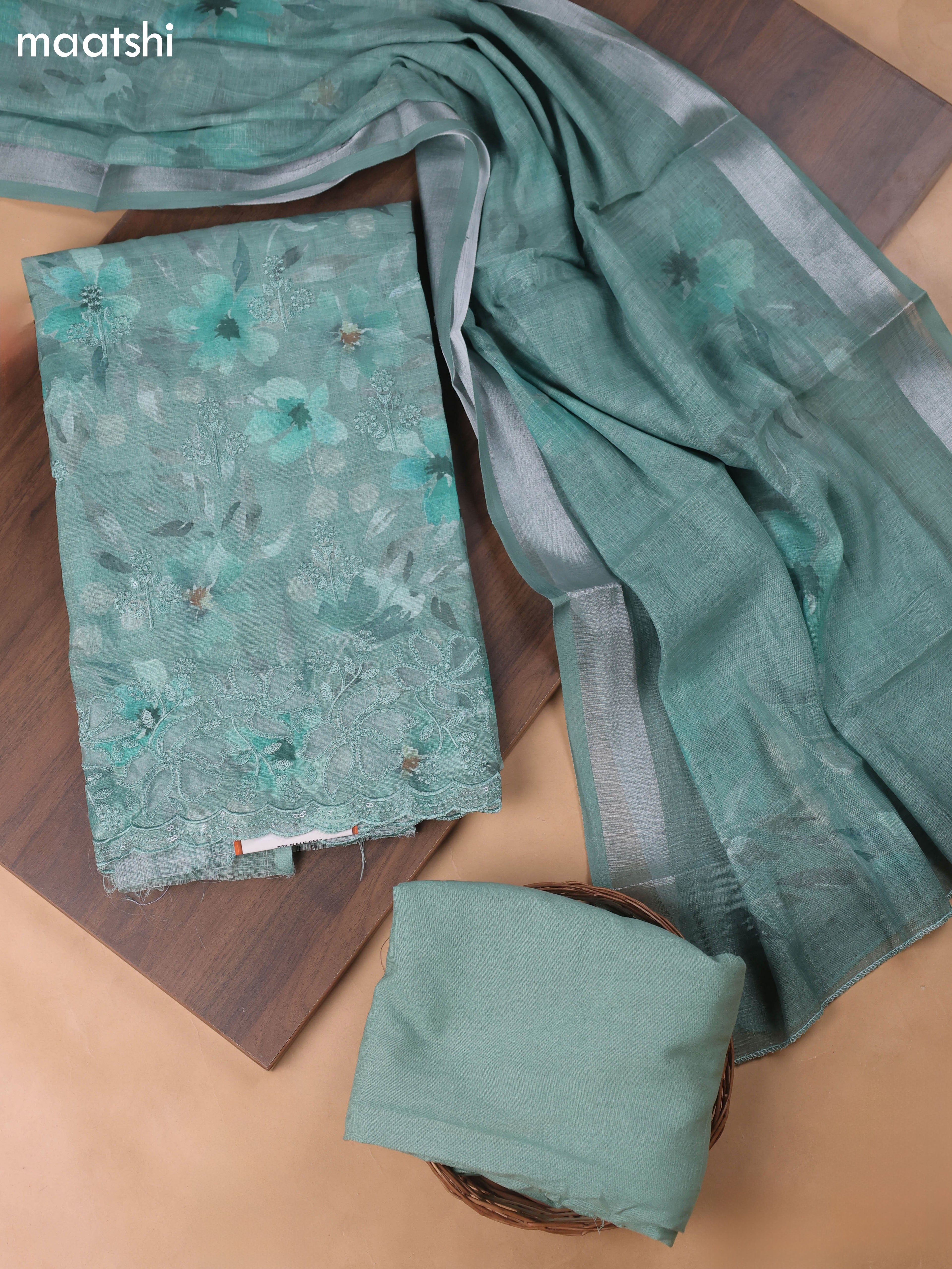 Teal Green Linen Cotton Dress Material With Floral Prints & Embroidery Work and Bottom & Dupatta