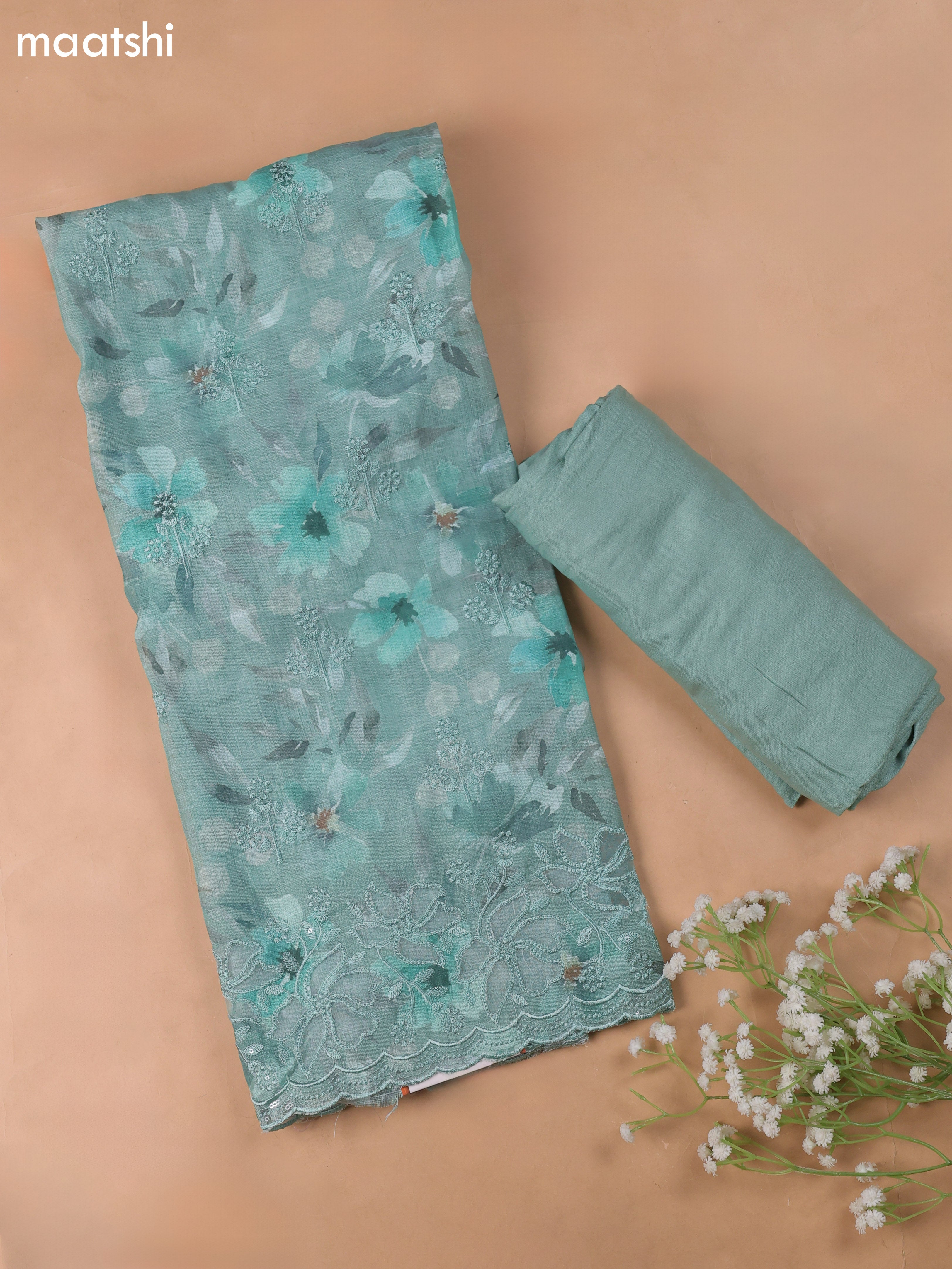 Teal Green Linen Cotton Dress Material With Floral Prints & Embroidery Work and Bottom & Dupatta