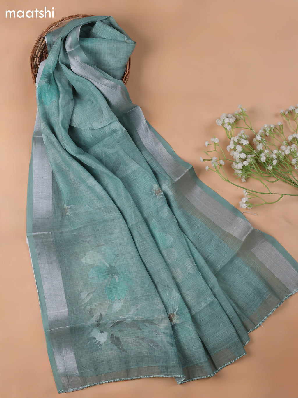 Teal Green Linen Cotton Dress Material With Floral Prints & Embroidery Work and Bottom & Dupatta