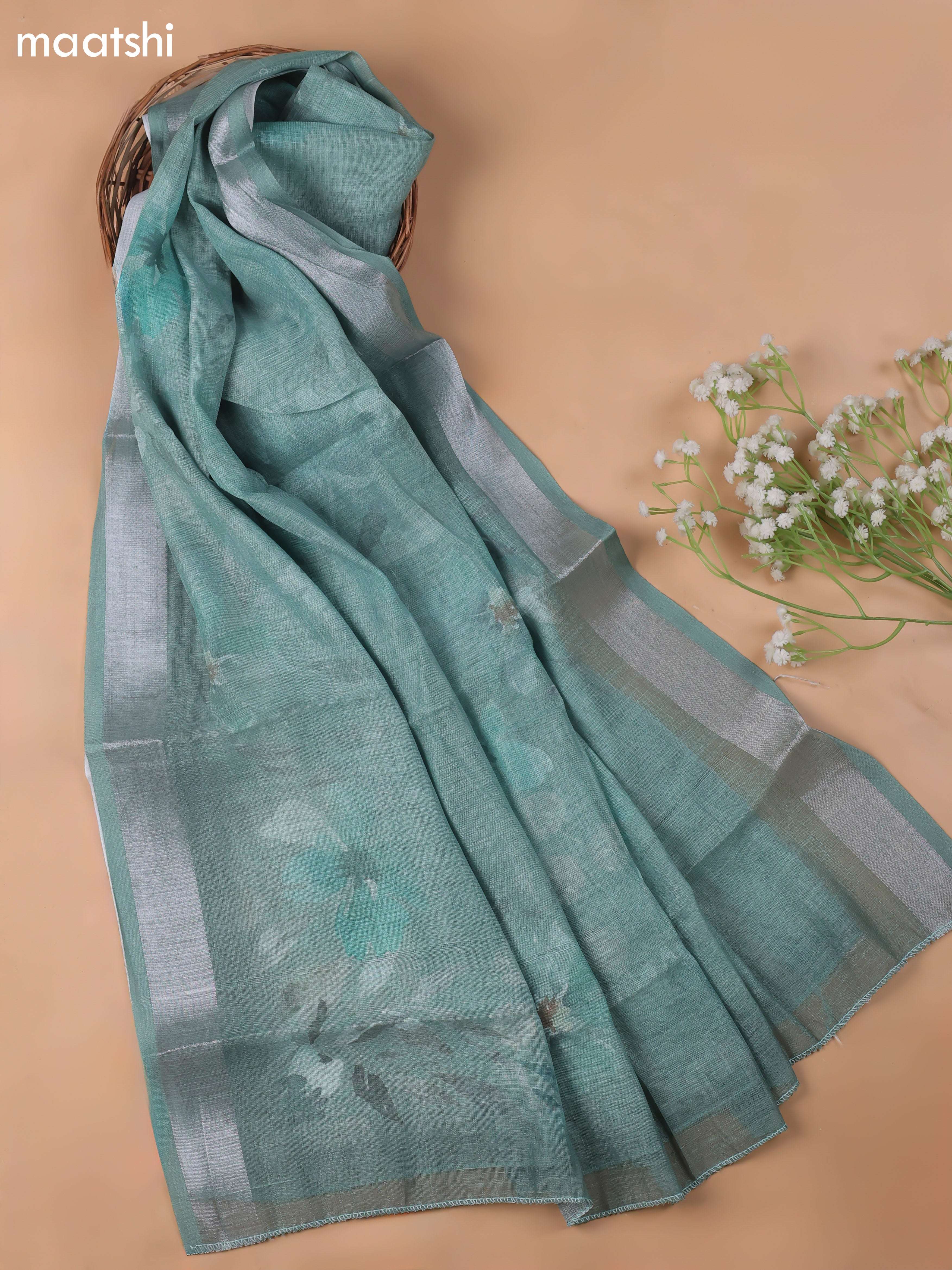 Teal Green Linen Cotton Dress Material With Floral Prints & Embroidery Work and Bottom & Dupatta