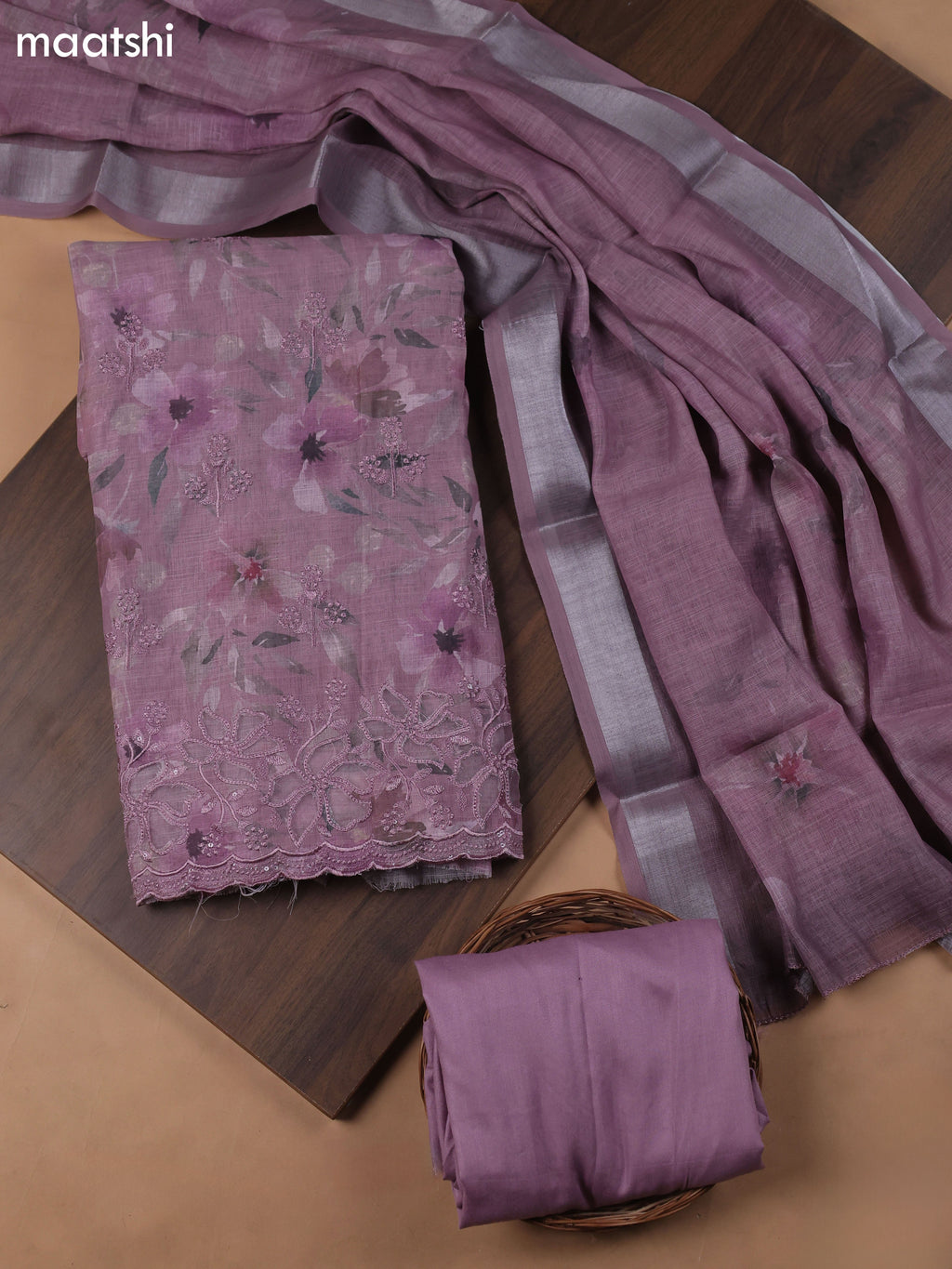 Lavender Linen Cotton Dress Material With Floral Prints & Embroidery Work and Bottom & Dupatta