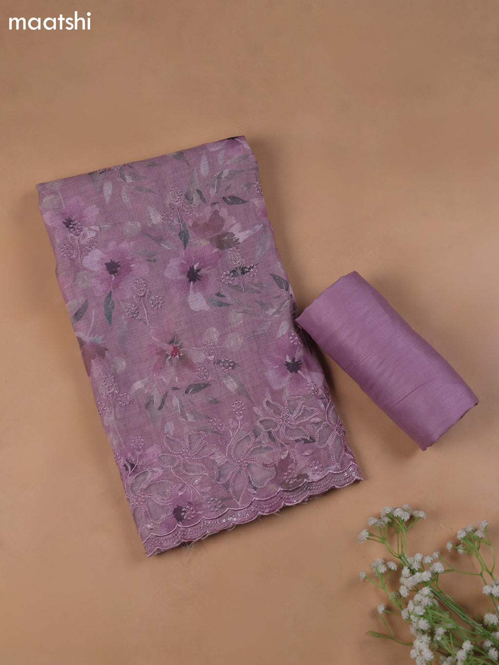 Lavender Linen Cotton Dress Material With Floral Prints & Embroidery Work and Bottom & Dupatta
