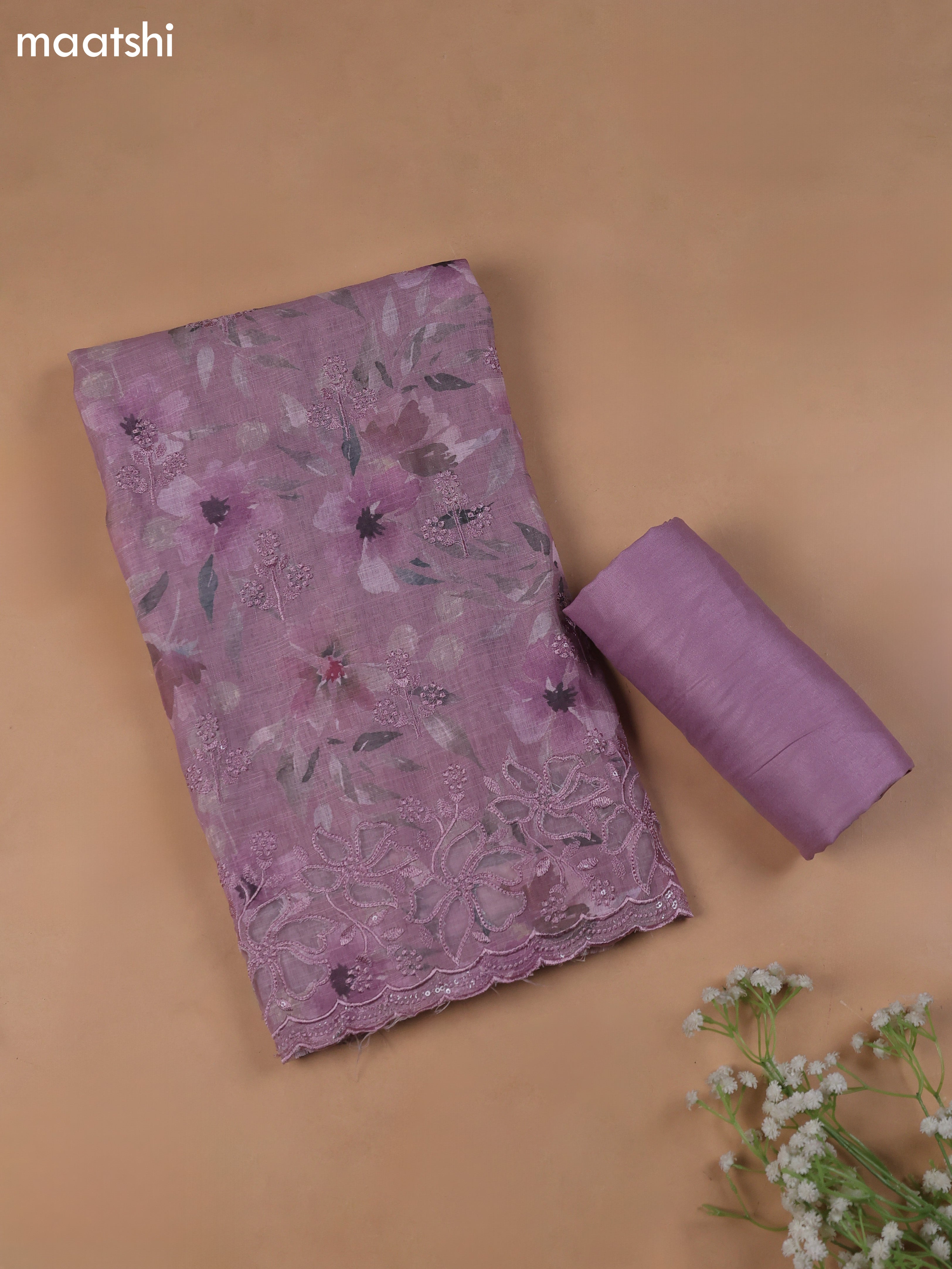 Lavender Linen Cotton Dress Material With Floral Prints & Embroidery Work and Bottom & Dupatta