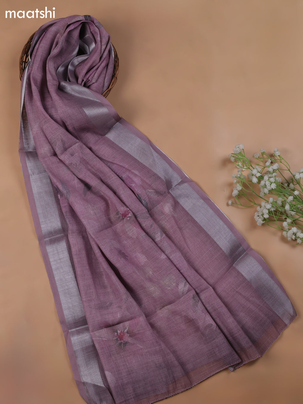Lavender Linen Cotton Dress Material With Floral Prints & Embroidery Work and Bottom & Dupatta