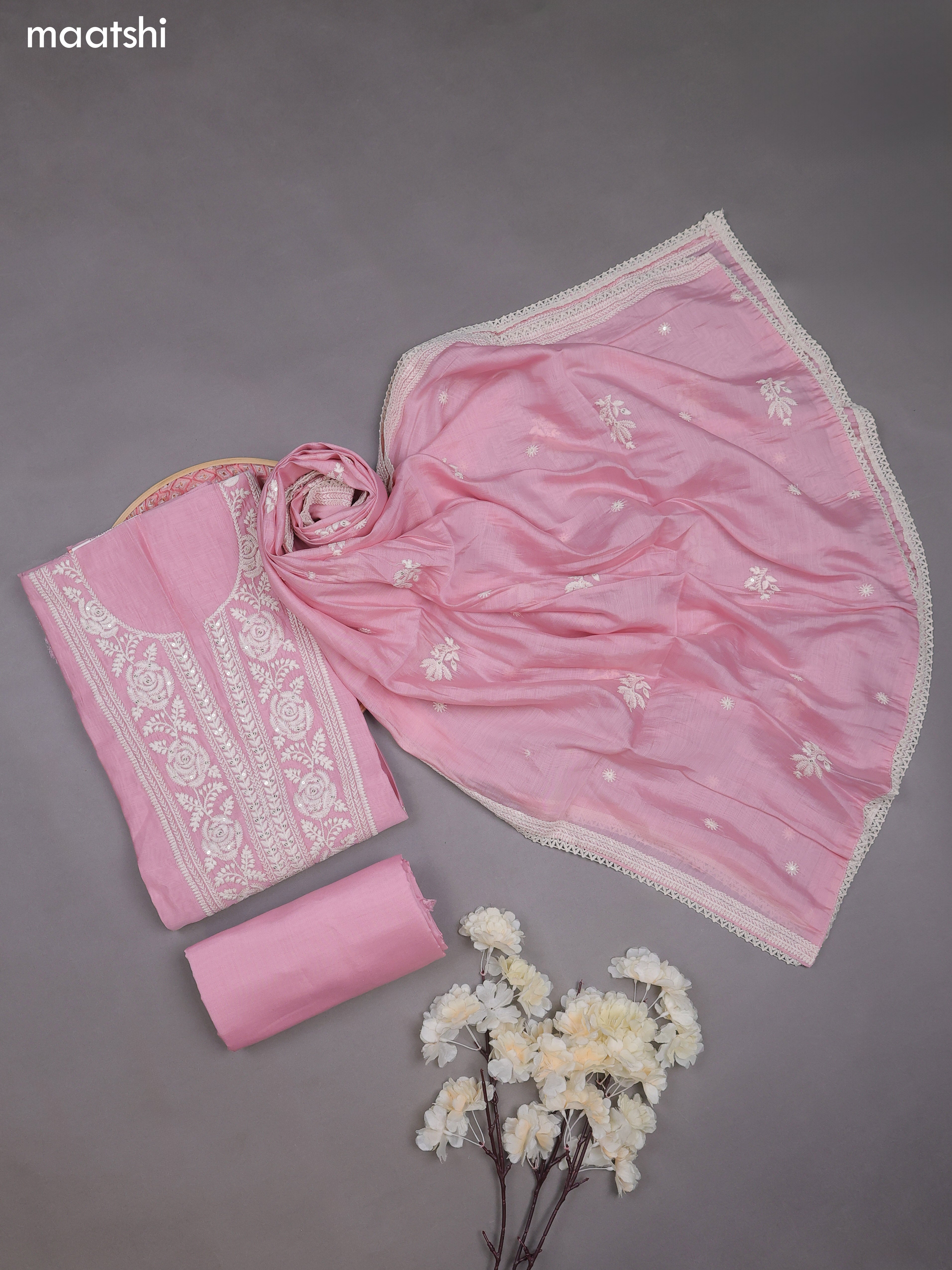 Baby Pink Mul Chanderi Dress Materials With Floral Embroidery Work Neck Pattern