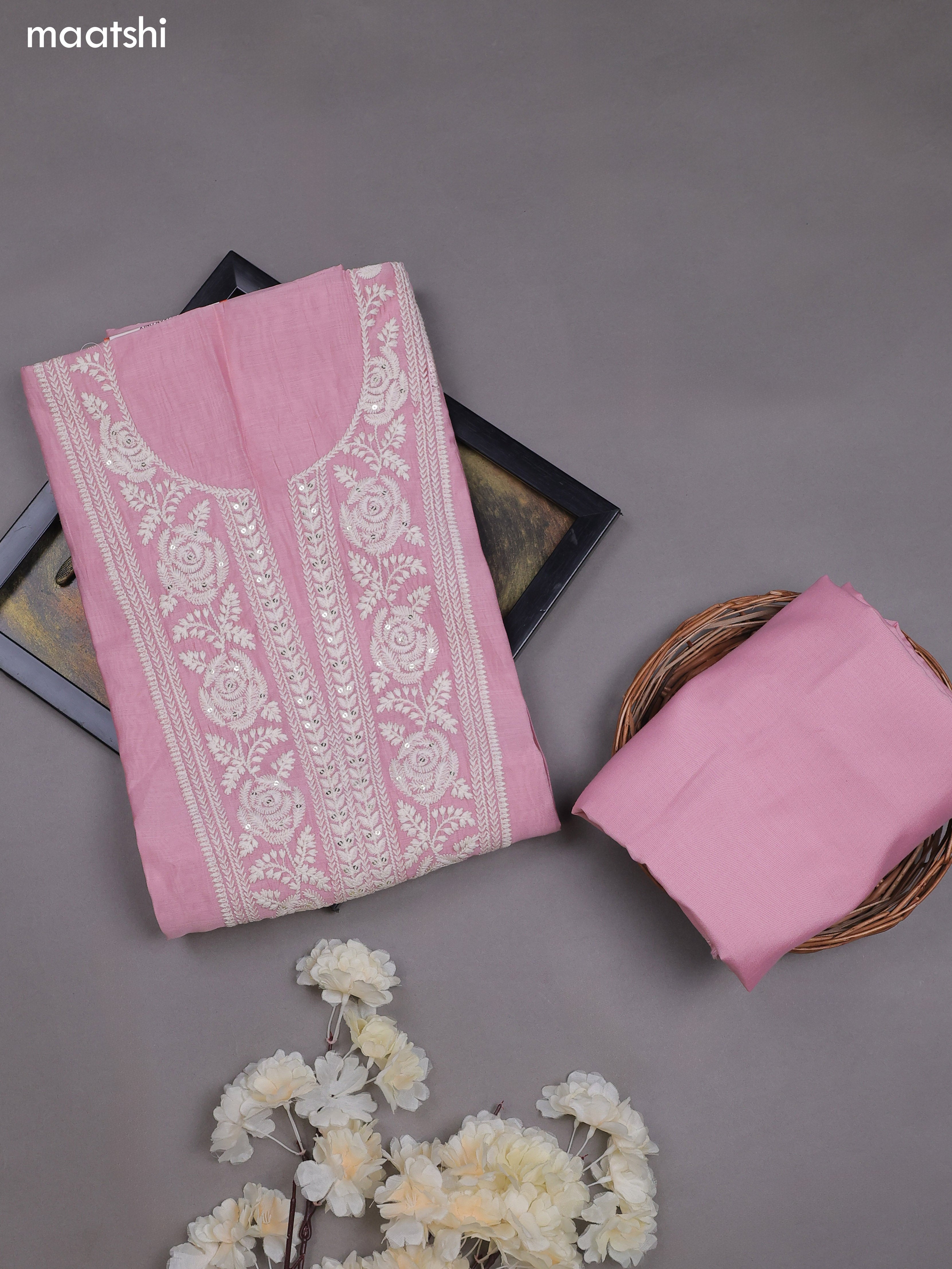 Baby Pink Mul Chanderi Dress Materials With Floral Embroidery Work Neck Pattern
