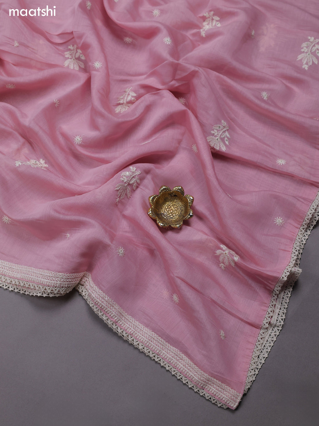 Baby Pink Mul Chanderi Dress Materials With Floral Embroidery Work Neck Pattern
