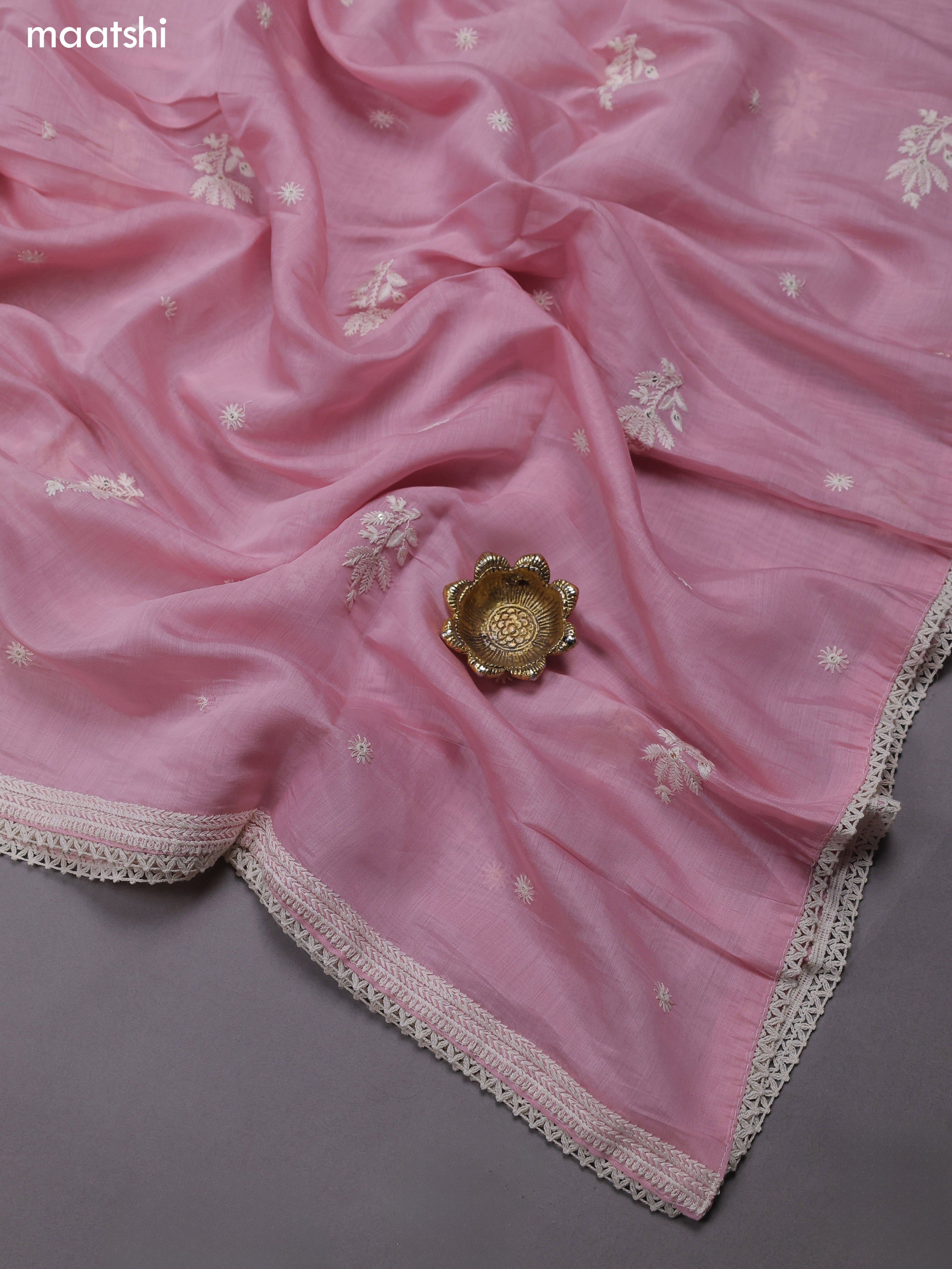 Baby Pink Mul Chanderi Dress Materials With Floral Embroidery Work Neck Pattern