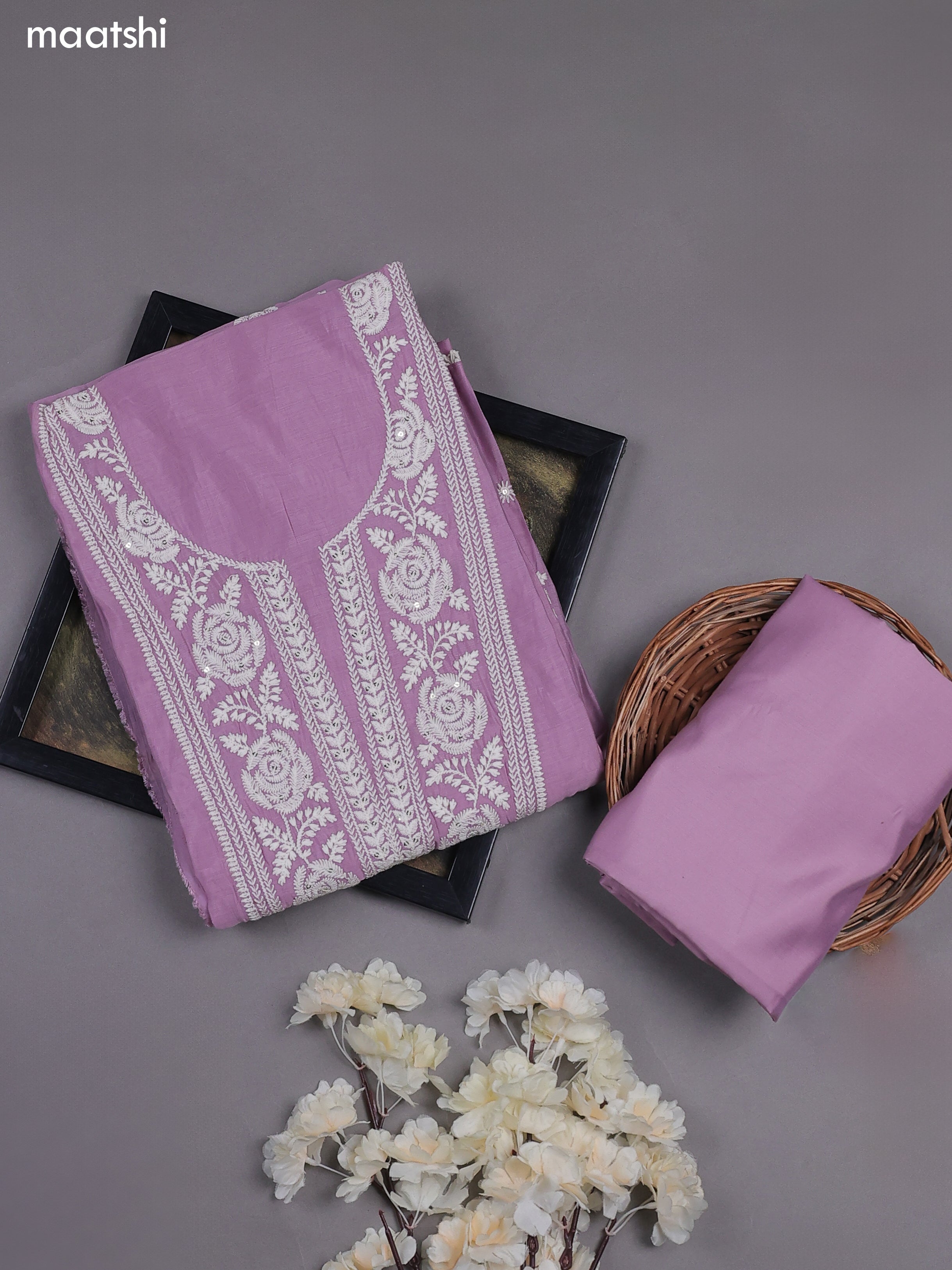 Lavender Mul Chanderi Dress Materials With Floral Embroidery Work Neck Pattern