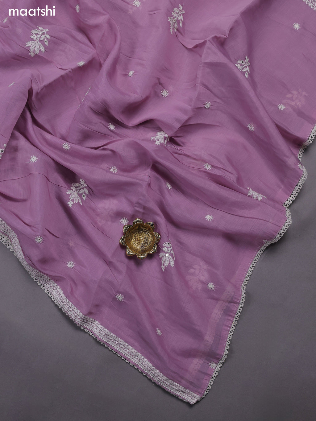 Lavender Mul Chanderi Dress Materials With Floral Embroidery Work Neck Pattern