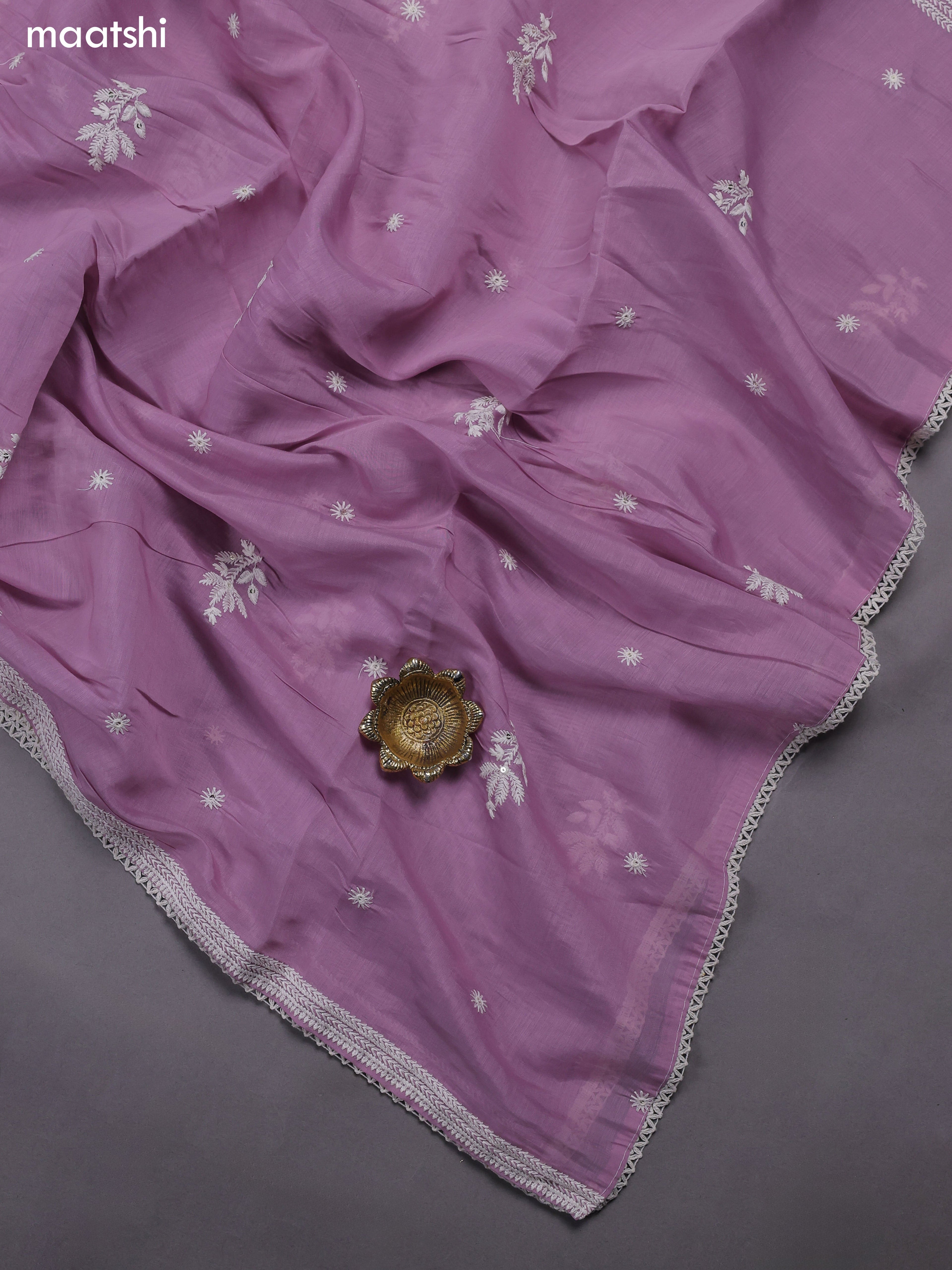 Lavender Mul Chanderi Dress Materials With Floral Embroidery Work Neck Pattern