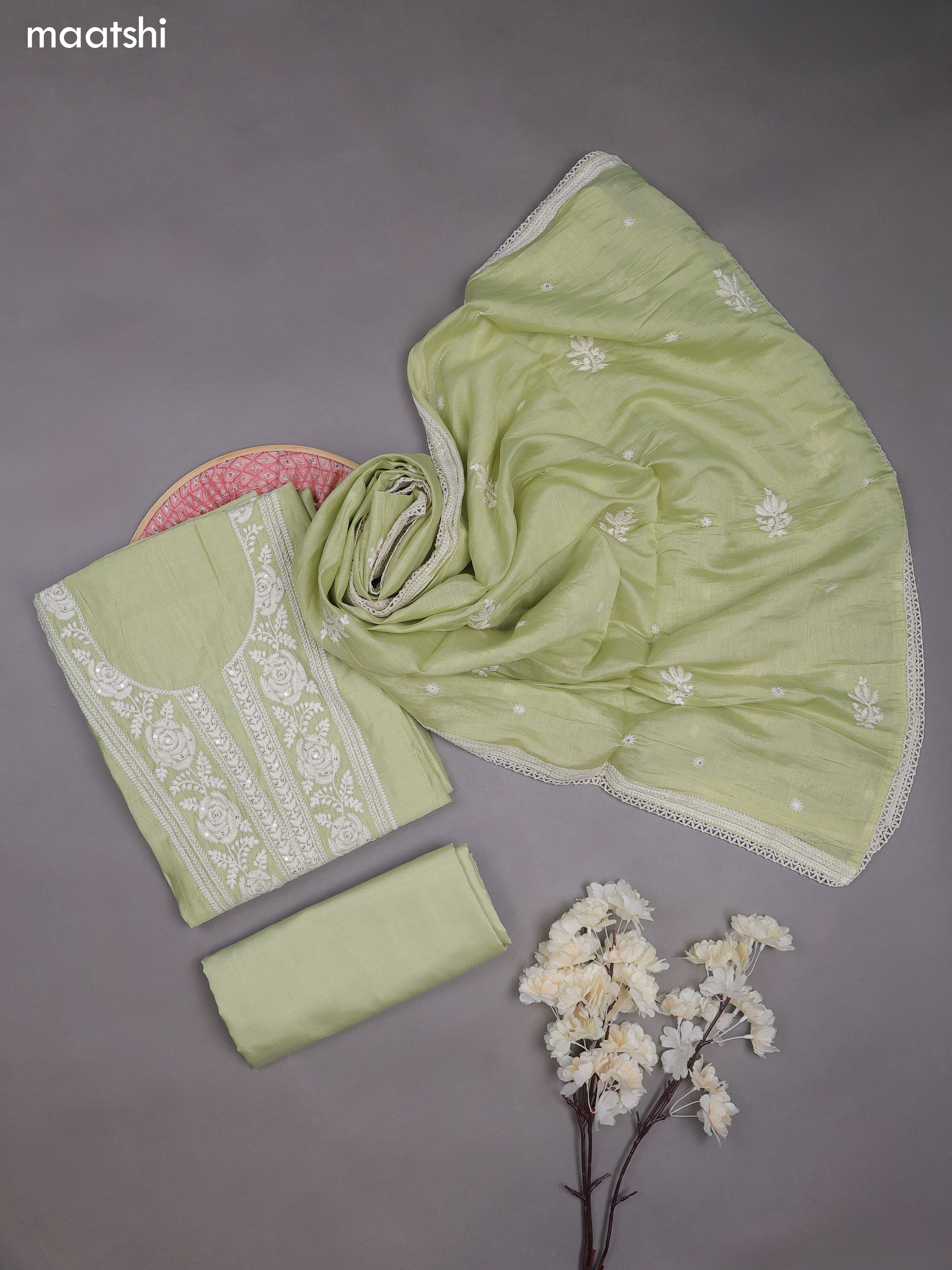 Pastel Green Mul Chanderi Dress Materials With Floral Embroidery Work Neck Pattern