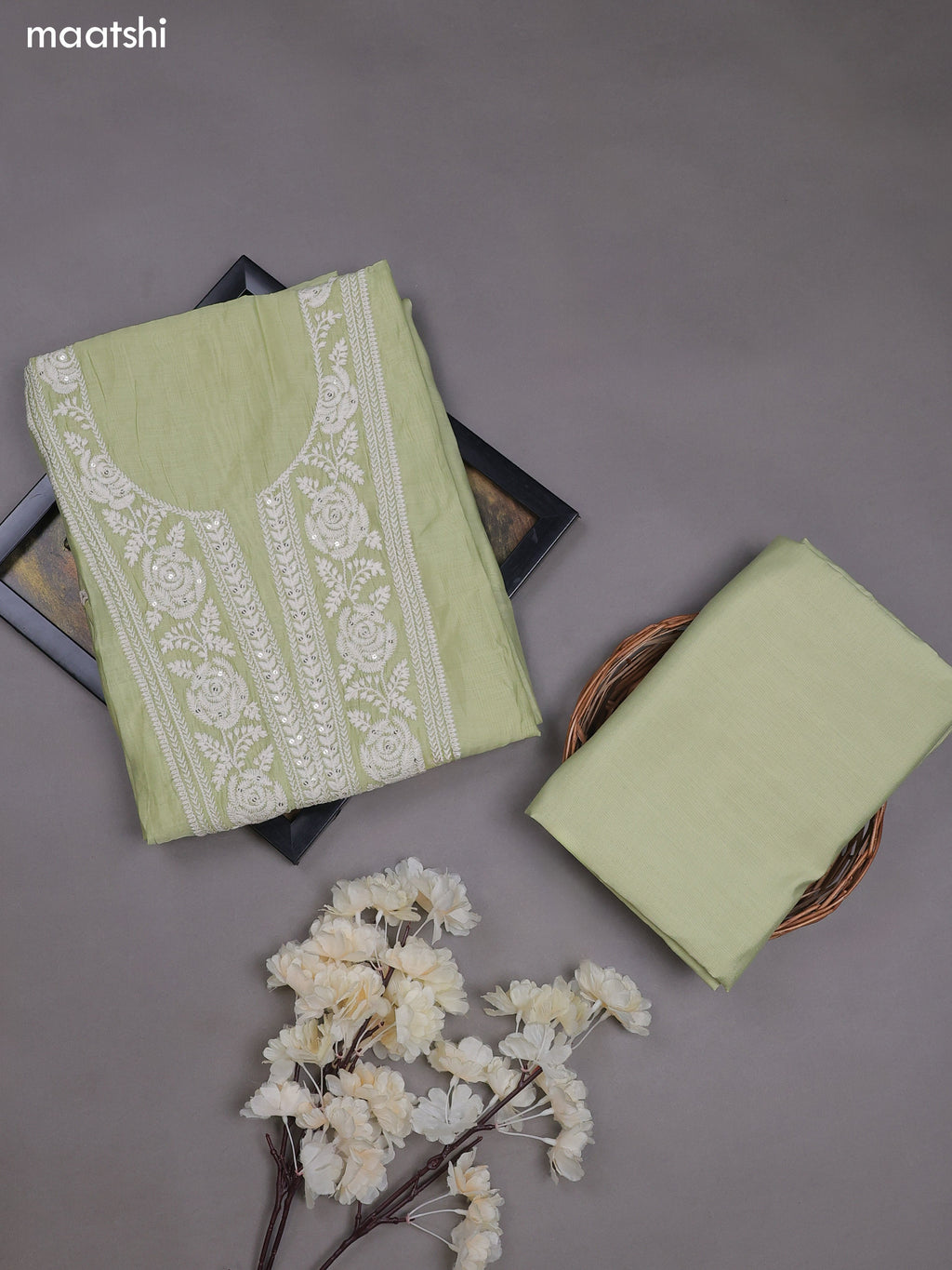 Pastel Green Mul Chanderi Dress Materials With Floral Embroidery Work Neck Pattern