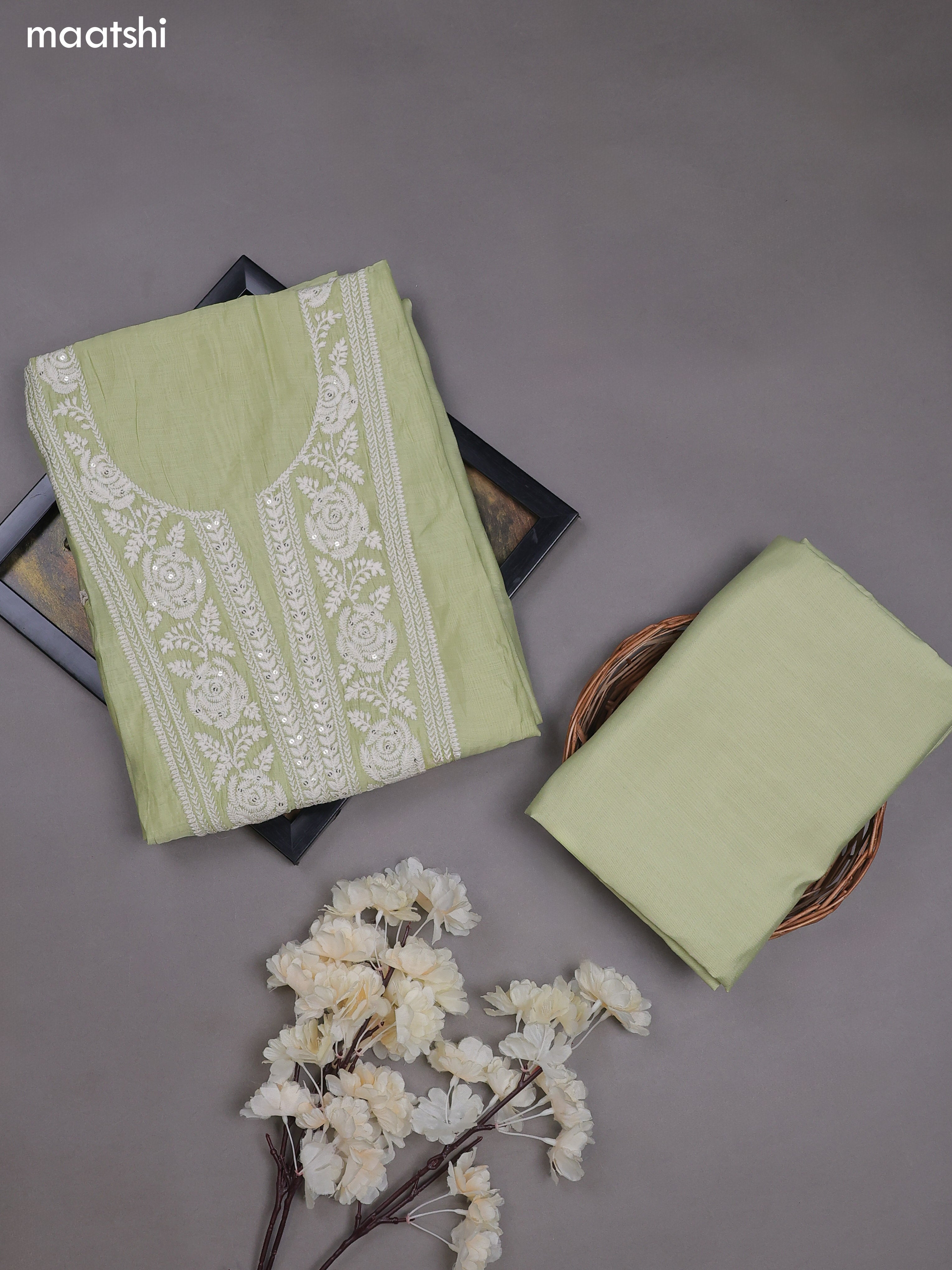 Pastel Green Mul Chanderi Dress Materials With Floral Embroidery Work Neck Pattern