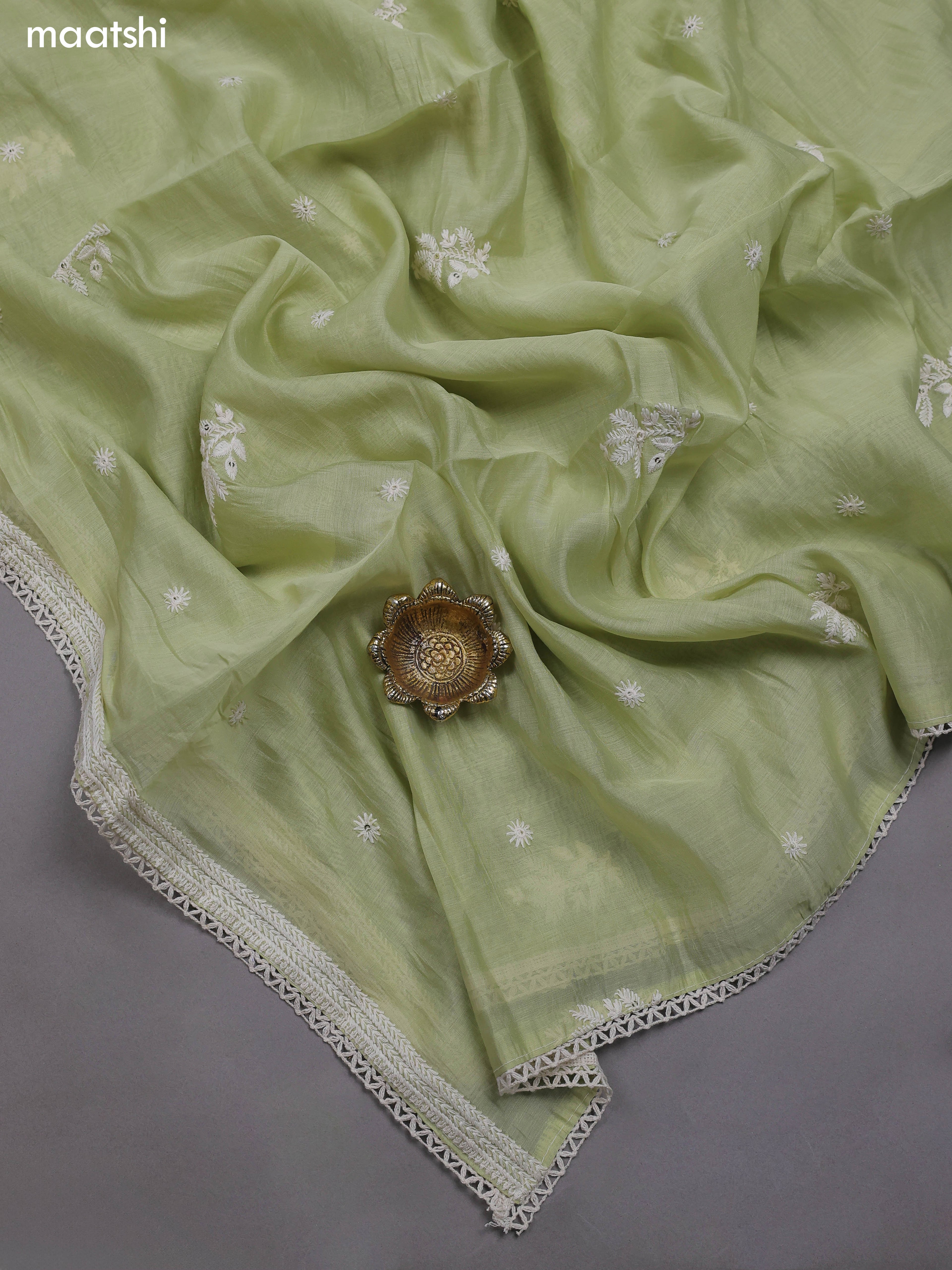 Pastel Green Mul Chanderi Dress Materials With Floral Embroidery Work Neck Pattern