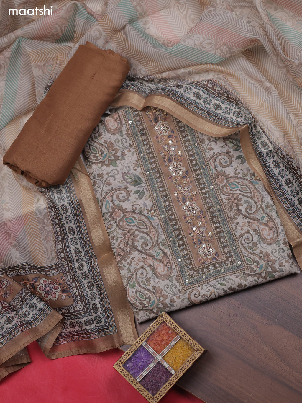 Pastel Brown and Beige Chanderi Dress Material With Allover Floral Prints & French Knot Work Neck Pattern