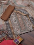 Pastel Brown and Beige Chanderi Dress Material With Allover Floral Prints & French Knot Work Neck Pattern