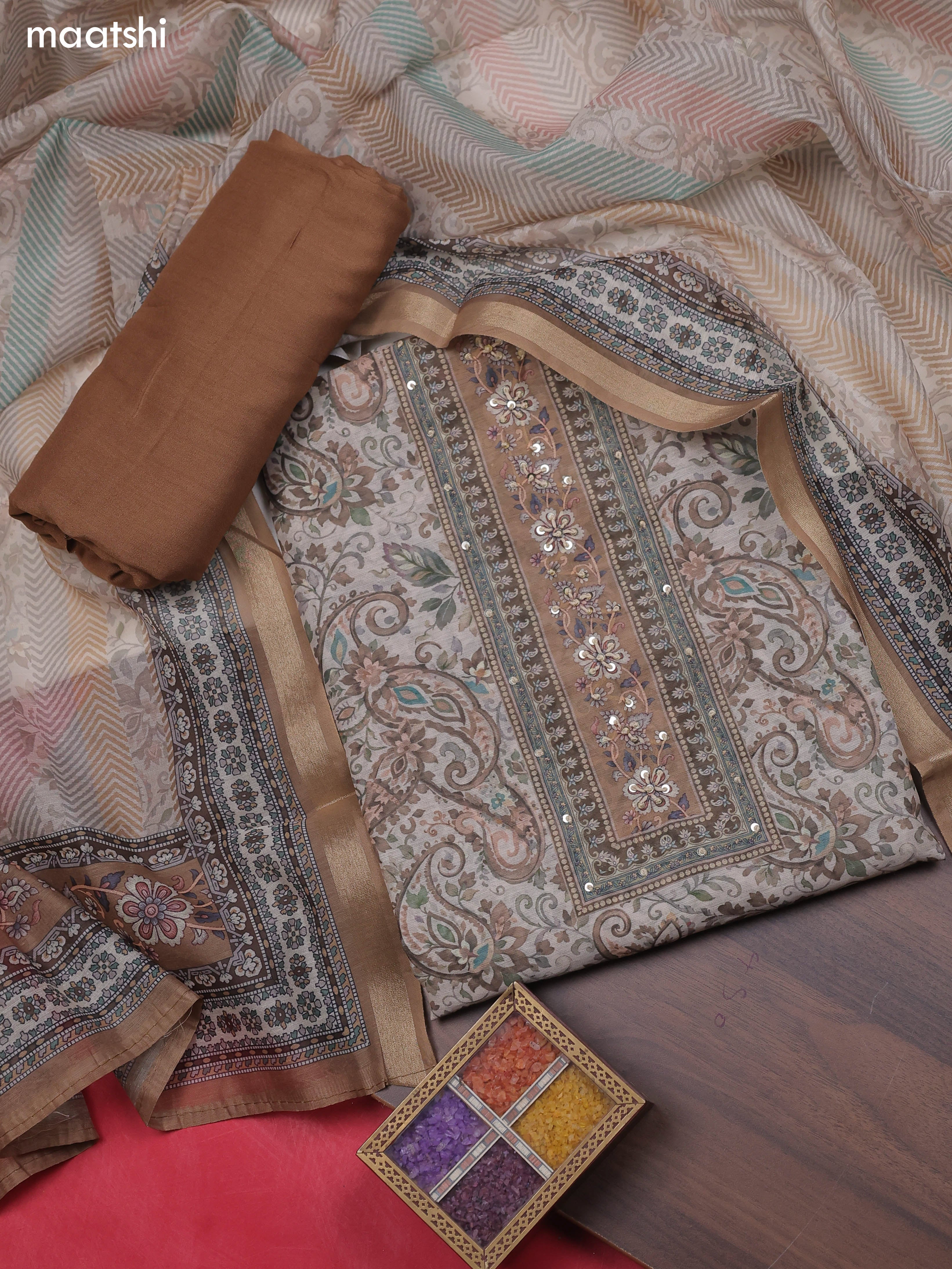 Pastel Brown and Beige Chanderi Dress Material With Allover Floral Prints & French Knot Work Neck Pattern