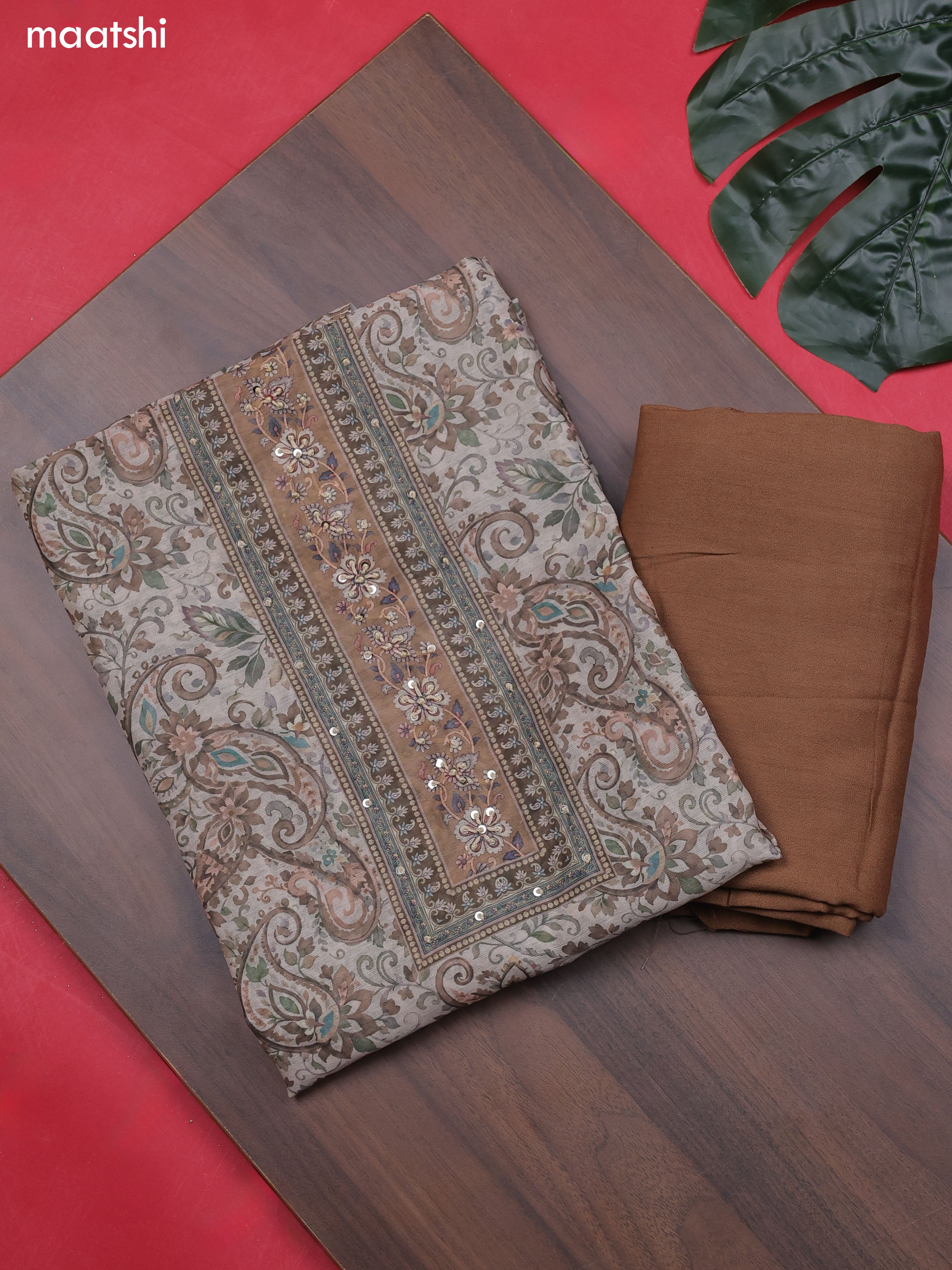 Pastel Brown and Beige Chanderi Dress Material With Allover Floral Prints & French Knot Work Neck Pattern