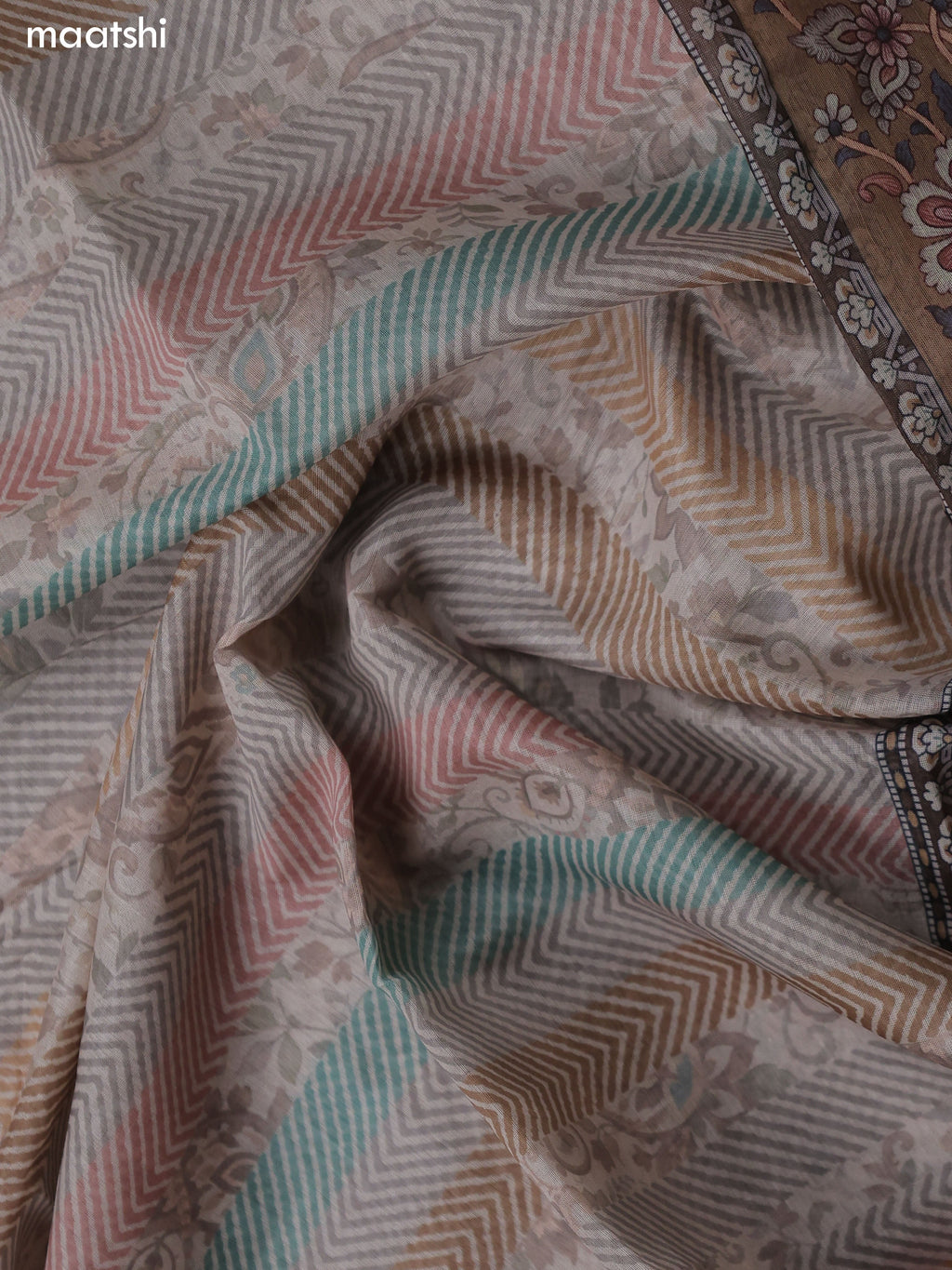 Pastel Brown and Beige Chanderi Dress Material With Allover Floral Prints & French Knot Work Neck Pattern