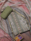 Green and Beige Chanderi Dress Material With Allover Floral Prints & French Knot Work Neck Pattern