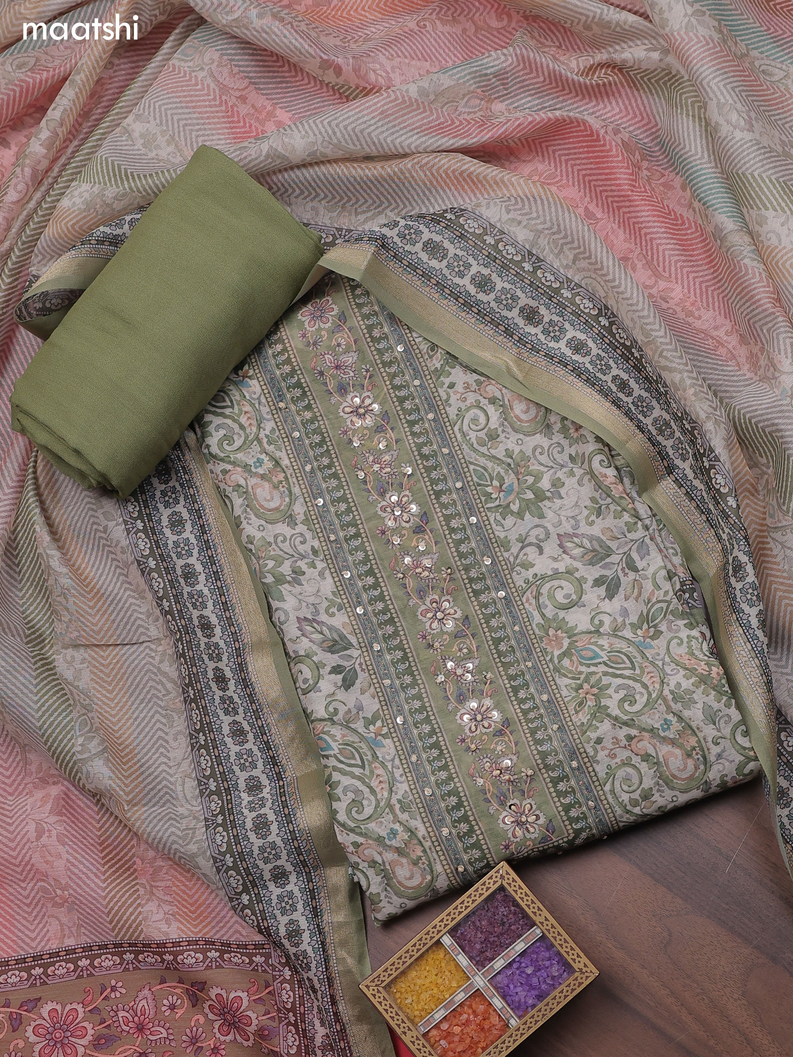 Green and Beige Chanderi Dress Material With Allover Floral Prints & French Knot Work Neck Pattern
