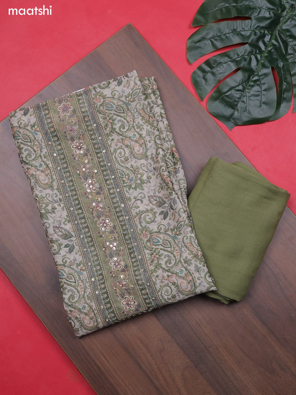 Green and Beige Chanderi Dress Material With Allover Floral Prints & French Knot Work Neck Pattern