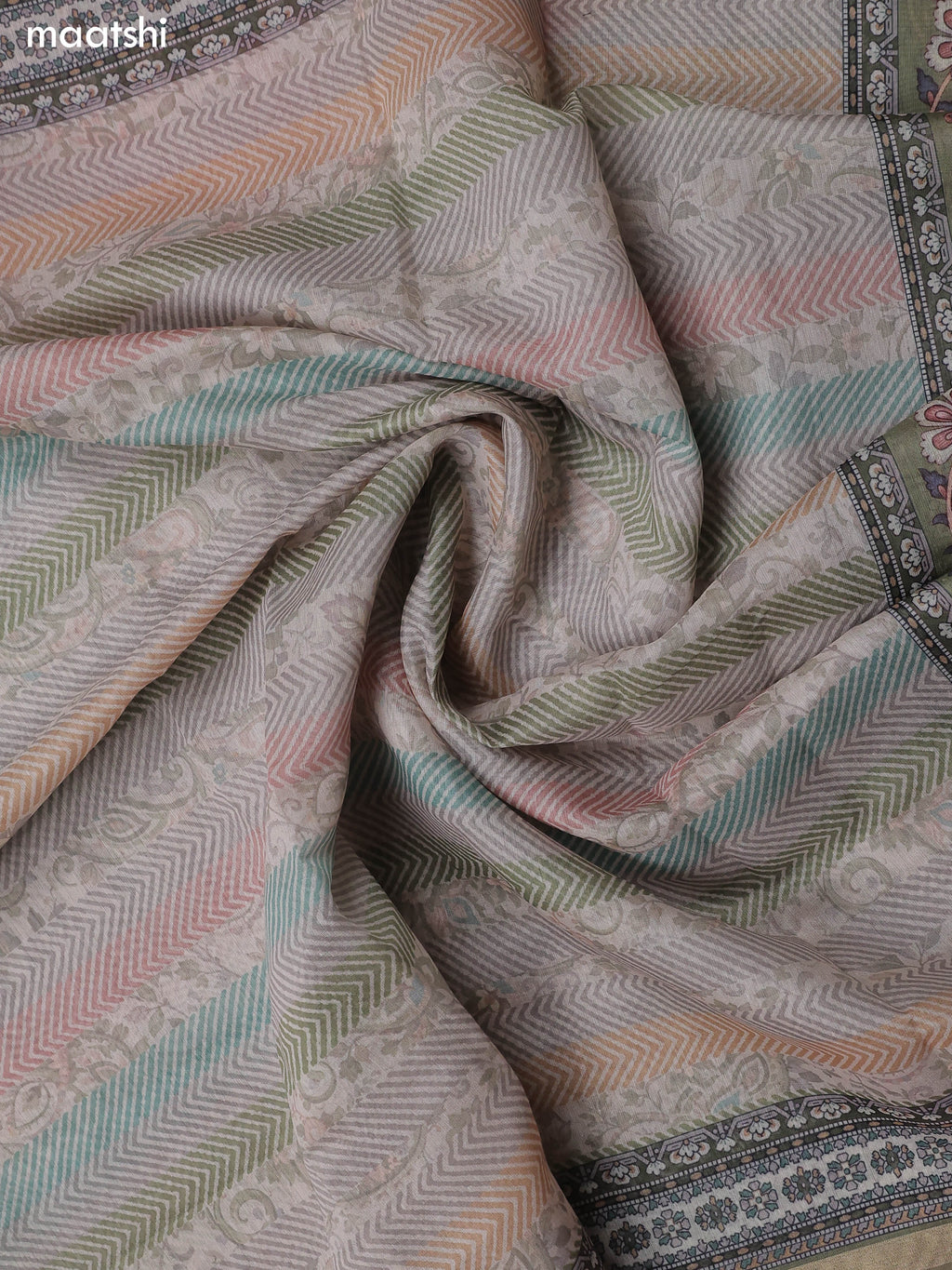 Green and Beige Chanderi Dress Material With Allover Floral Prints & French Knot Work Neck Pattern
