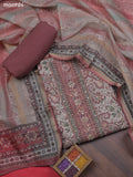 Dark Peach and Beige Chanderi Dress Material With Allover Floral Prints & French Knot Work Neck Pattern
