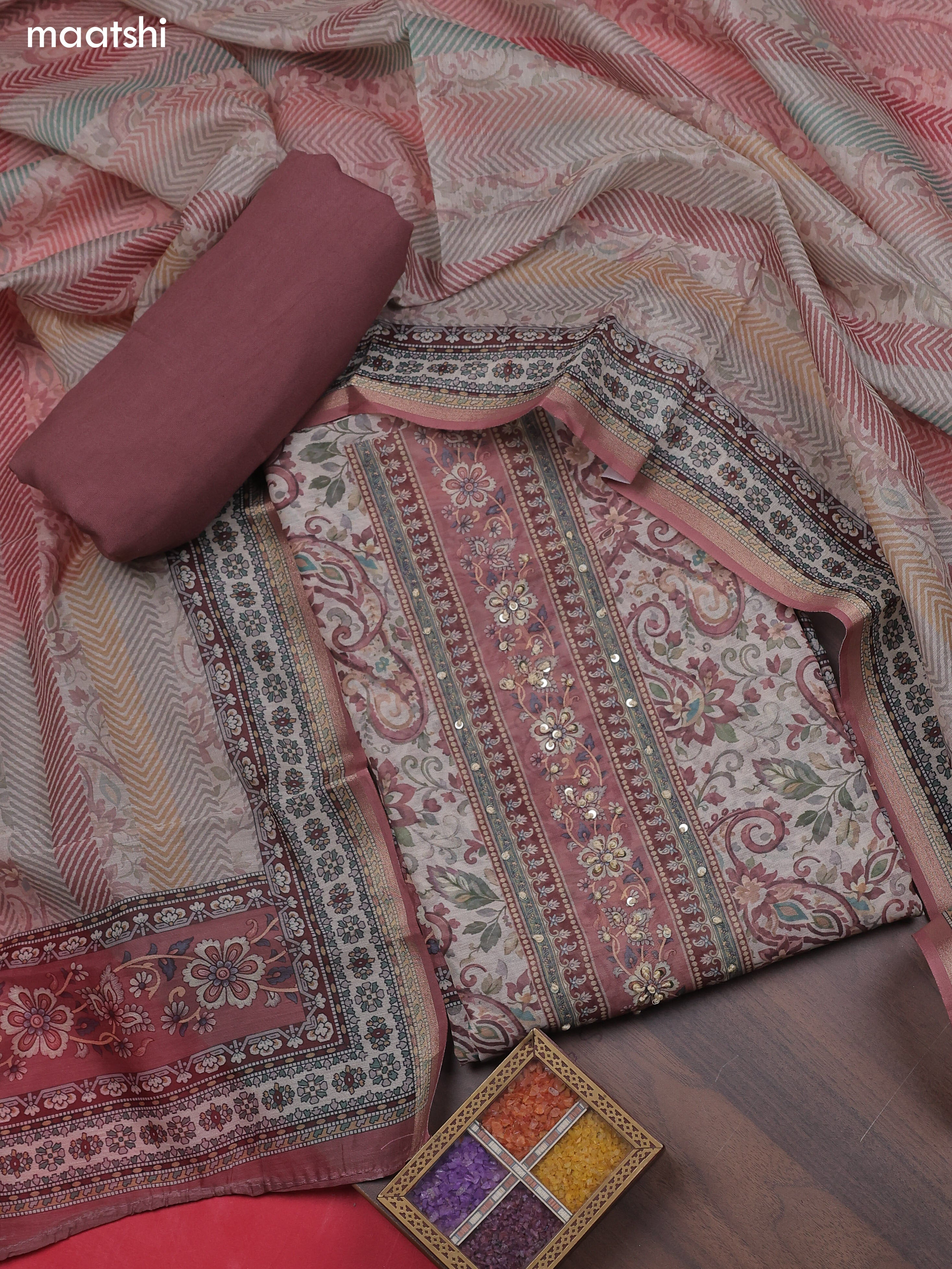 Dark Peach and Beige Chanderi Dress Material With Allover Floral Prints & French Knot Work Neck Pattern